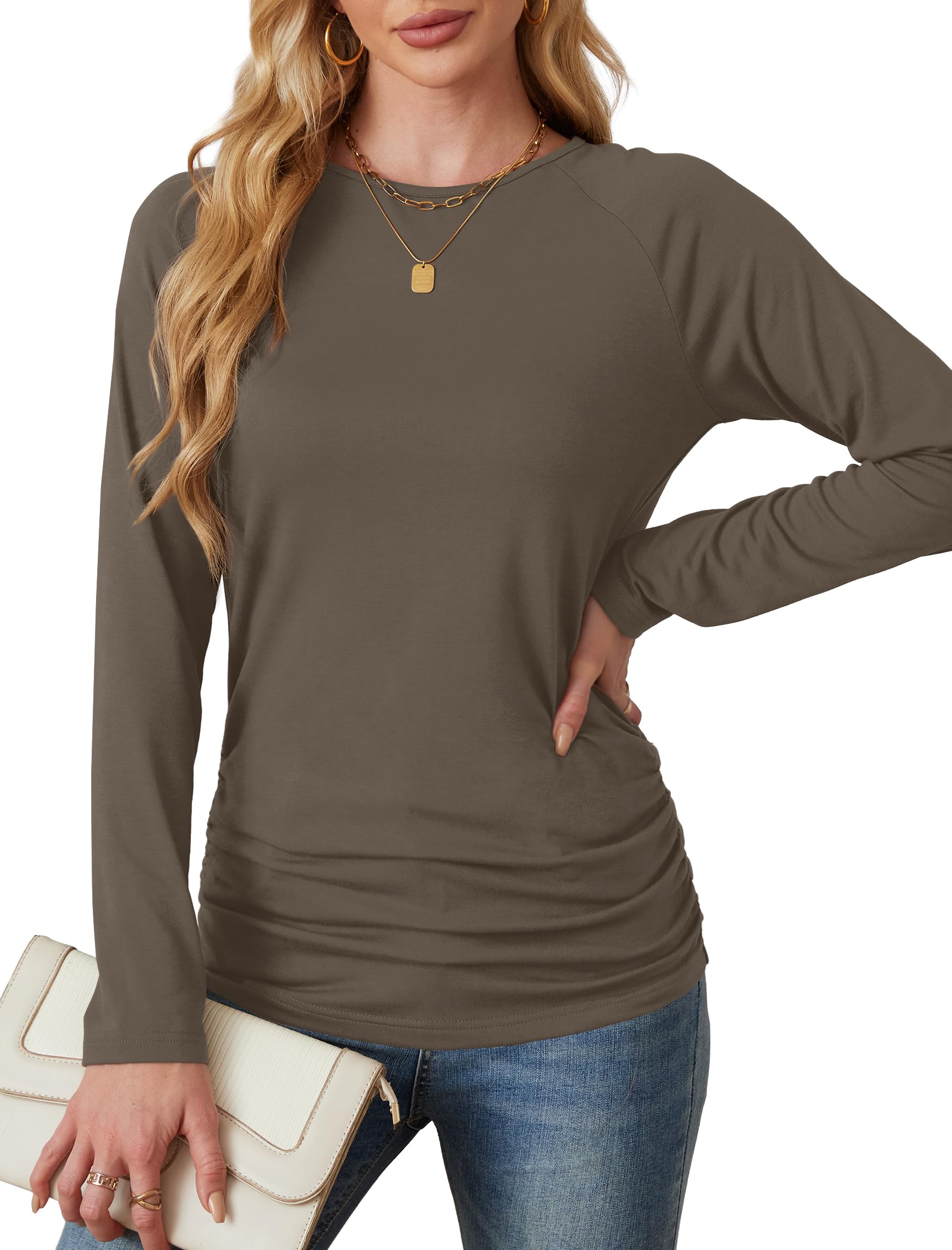 Elegant Women's Long Sleeve Crewneck Pleated Blouse - Dressy Casual Tops for Work, Office & Everyday Wear | Saloogoe Fashion