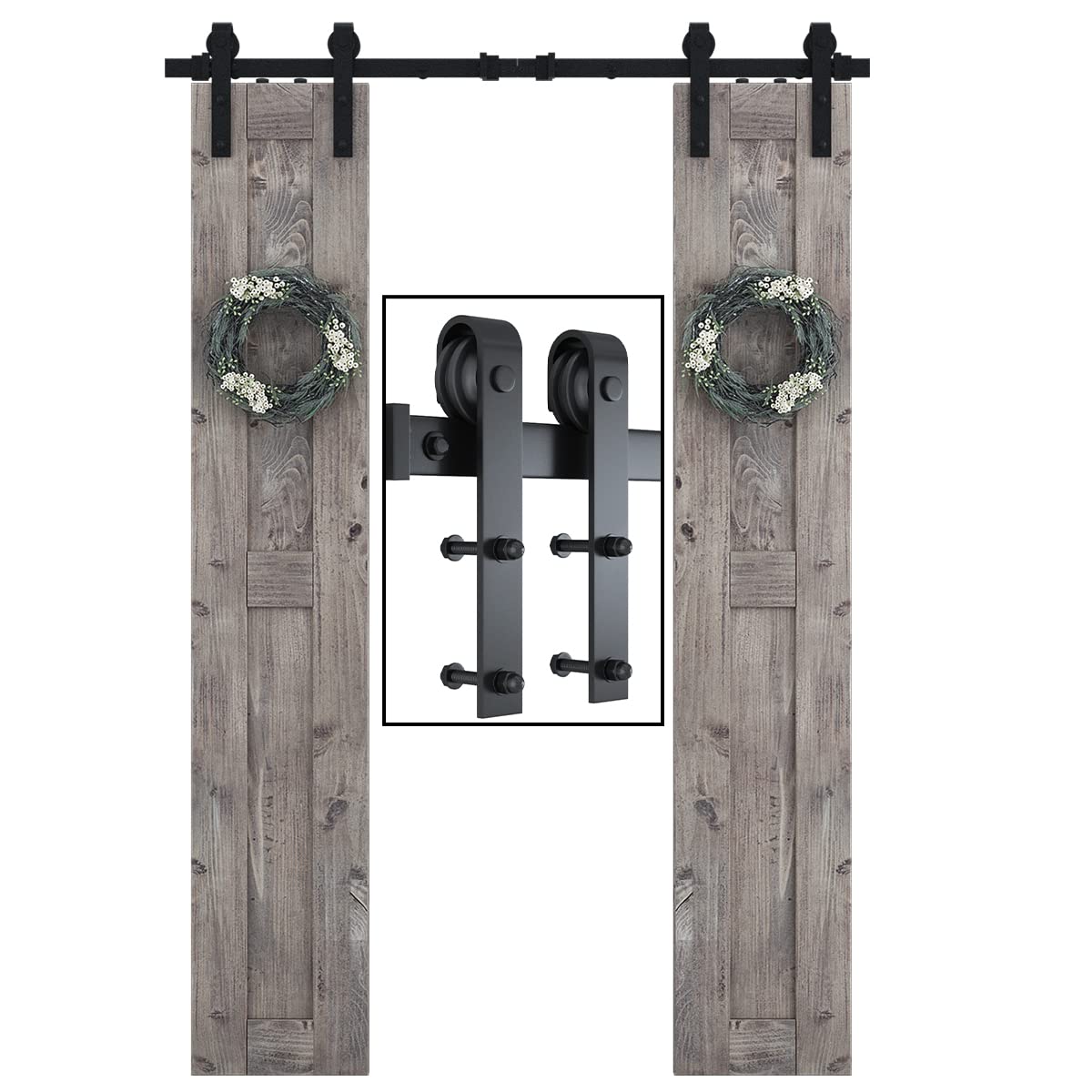 SMARTSTANDARD 5ft Heavy Duty Double Door Sliding Barn Door Hardware Kit - Smooth Quiet Operation - Easy DIY Installation with Step-by-Step Guide - Fits 15