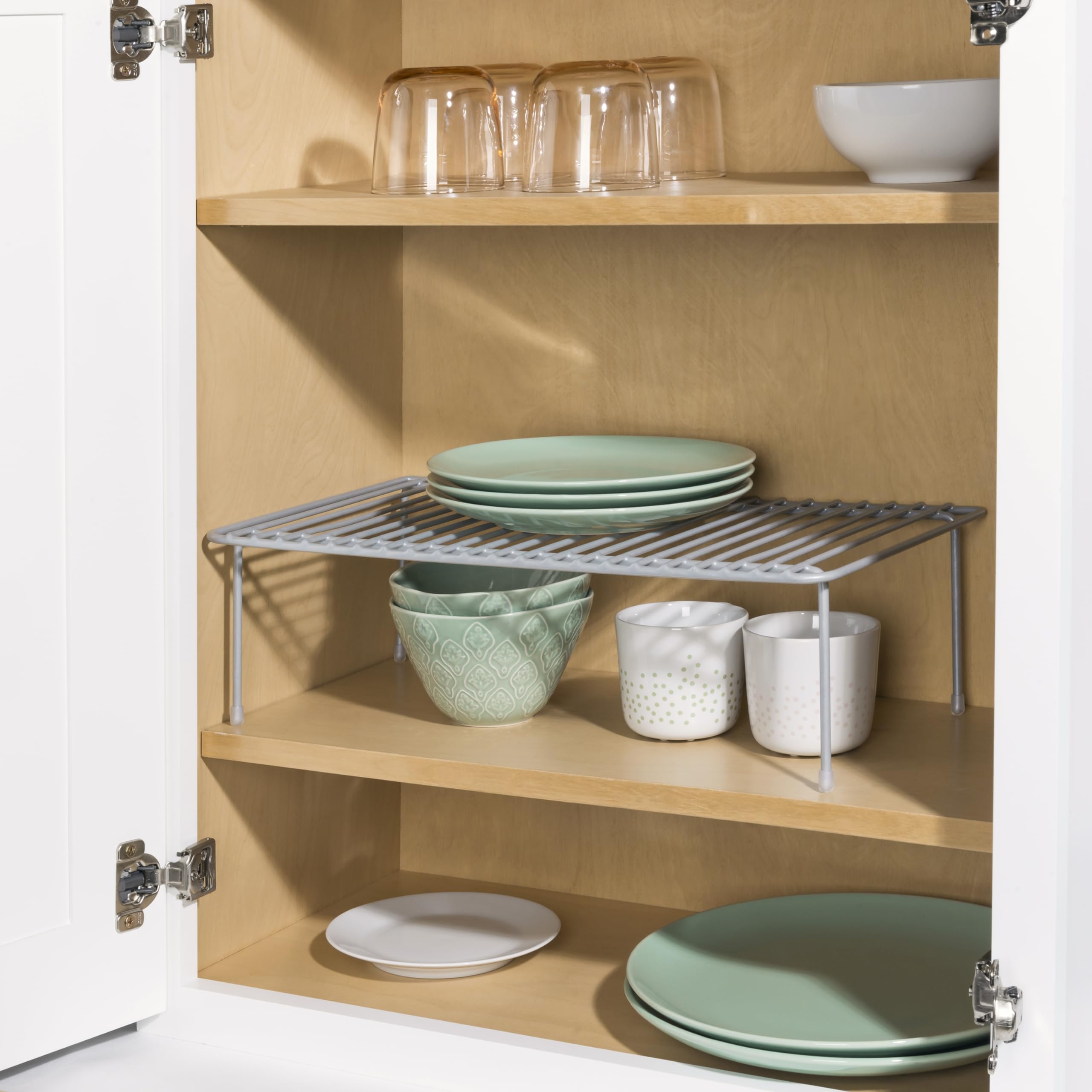 Heavy Duty Vinyl Coated Steel Kitchen Cabinet Organizer - Smart Corner Storage Shelf & Raised Counter Rack - Medium Size Silver | Perfect for Small Kitchen Organization & Pantry Storage