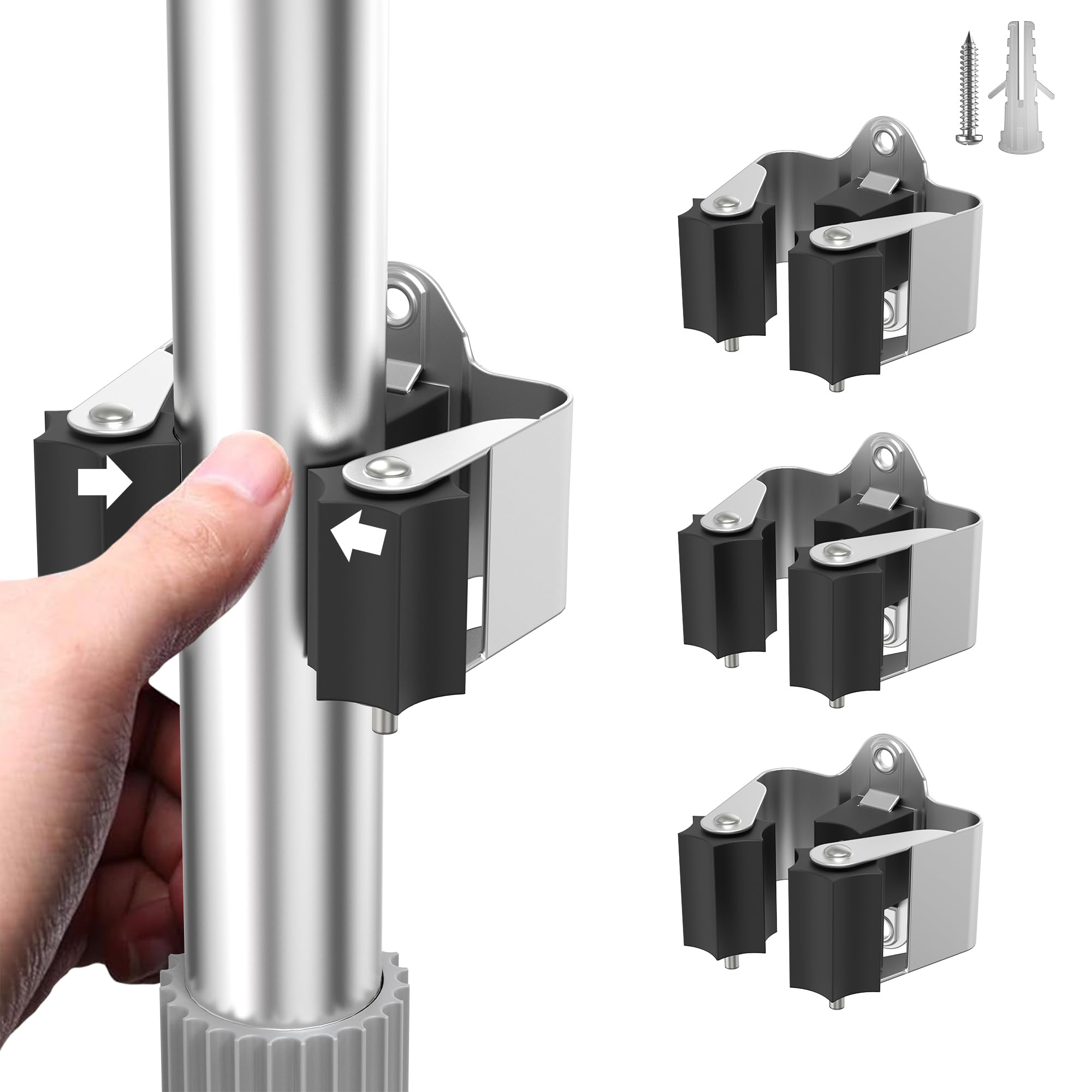 Heavy Duty Wall Mount Broom Holder 3 Pack - Space Saving Broom Hooks for Garage, Kitchen, Closet Organization - Perfect for Storing Brooms, Mops and Cleaning Tools