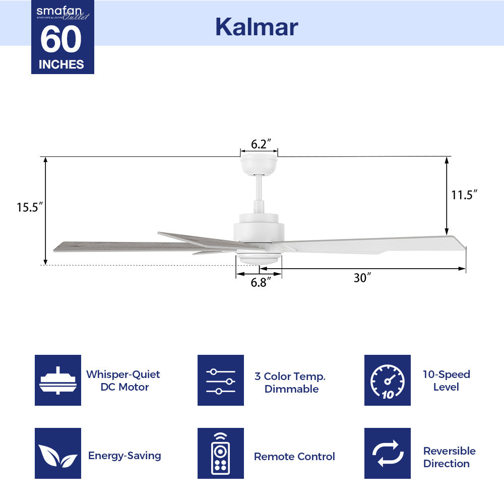 60 Inch Kalmar Remote Control Ceiling Fan with Light Kit - Perfect for Living Room, Bedroom & Outdoor Spaces