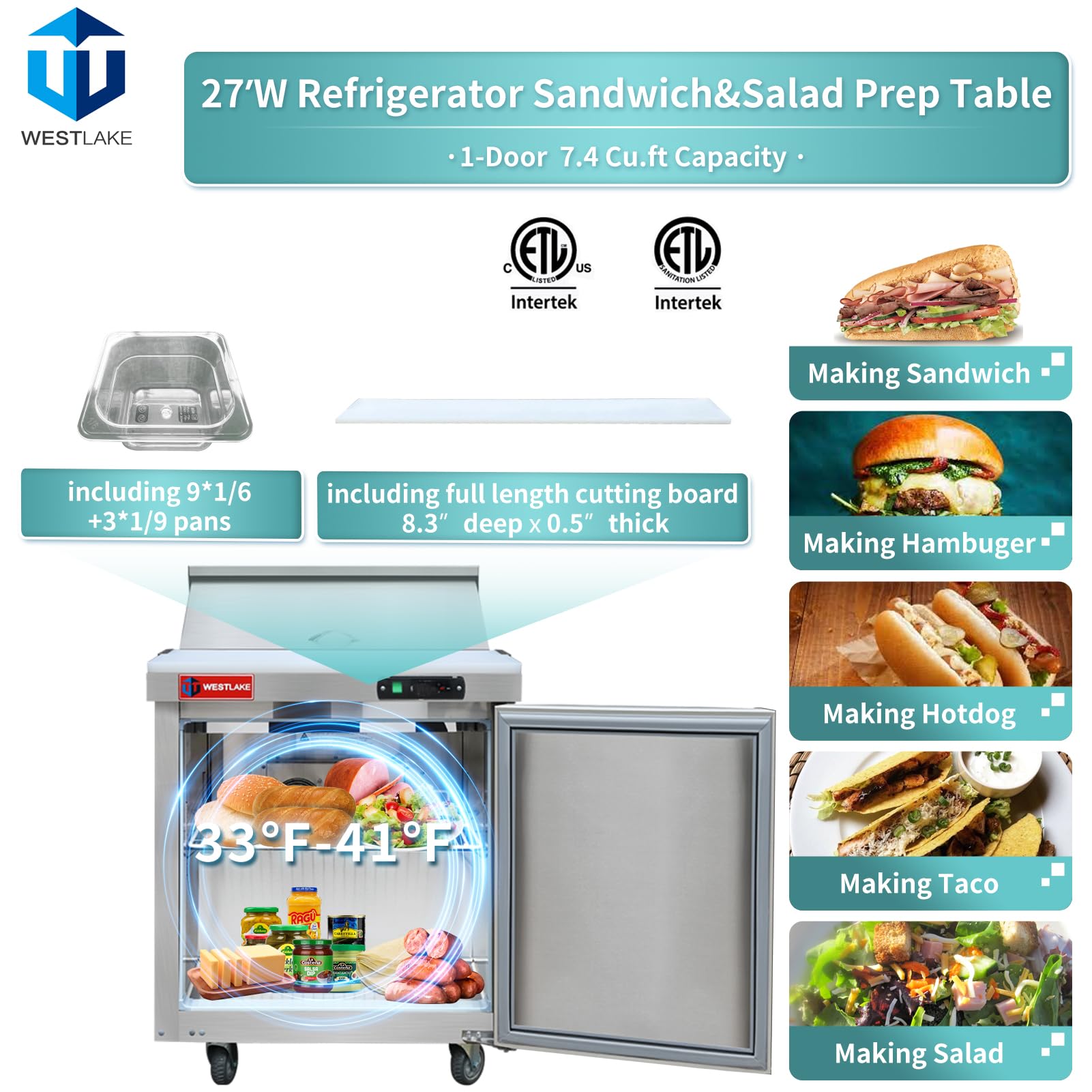 WESTLAKE 27-Inch Commercial Refrigerator - Stainless Steel Sandwich & Salad Prep Table with 12 Pans, Large Capacity Countertop Cooler for Restaurants, Cafes & Delis | Perfect for Food Storage, Meal Prep & Buffet Service