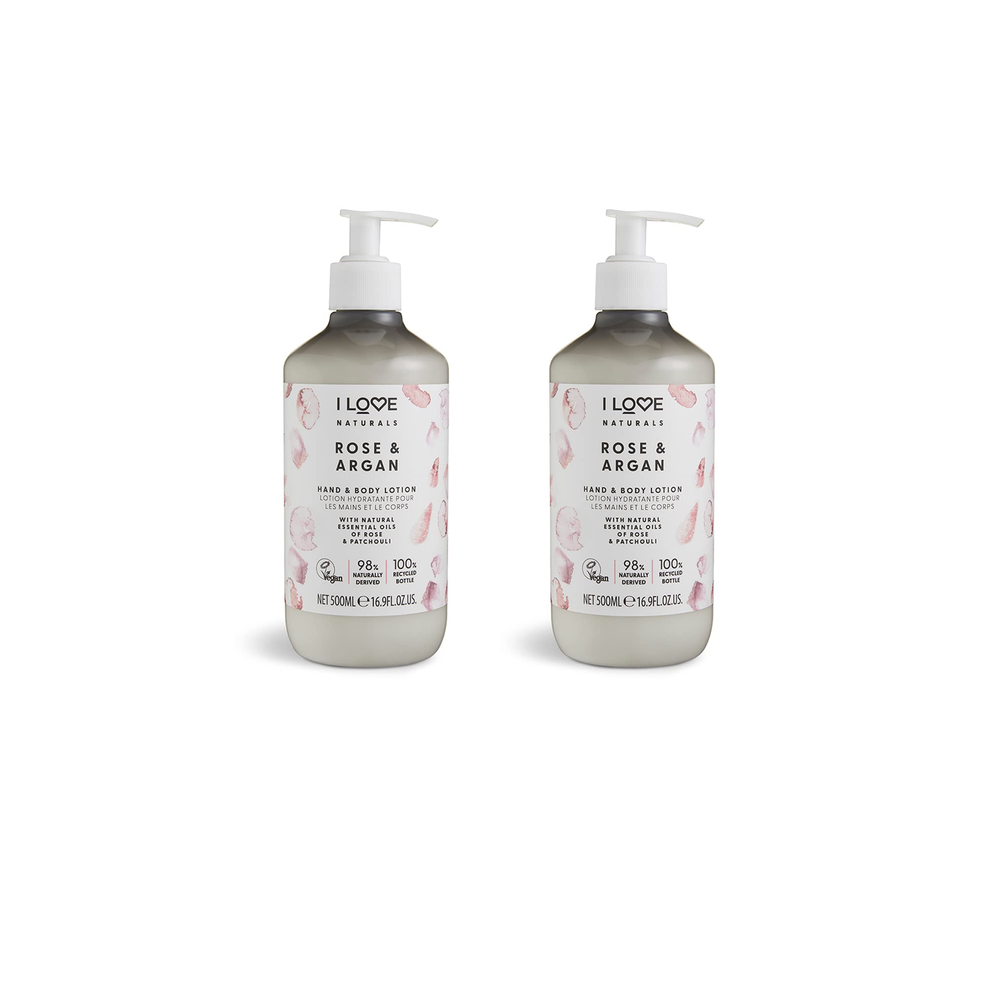 I Love Naturals Rose & Argan Hand & Body Lotion with Shea Butter - Moisturizing Essential Oils of Rose & Patchouli - 2 Pack (500ml Each) - Perfect for Dry Skin Care & Daily Hydration