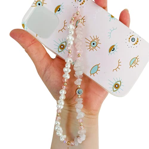 Evil Eye Beaded Phone Charm with Rose Quartz Gemstone, Y2K Chain Strap, Handmade Phone Jewelry for Women & Girls - Perfect for Mobile Phones, Wrist Cases, and Stylish Accessories