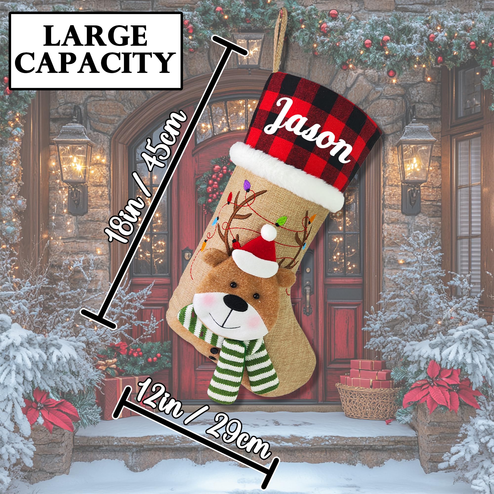 Personalized Christmas Stockings with Name - Custom Holiday Stockings for Fireplace & Tree Decor - Burlap Plaid Xmas Party Gifts for Family & Kids (3D Reindeer Design) - Perfect for Christmas Eve, Family Gatherings & Festive Home Decor