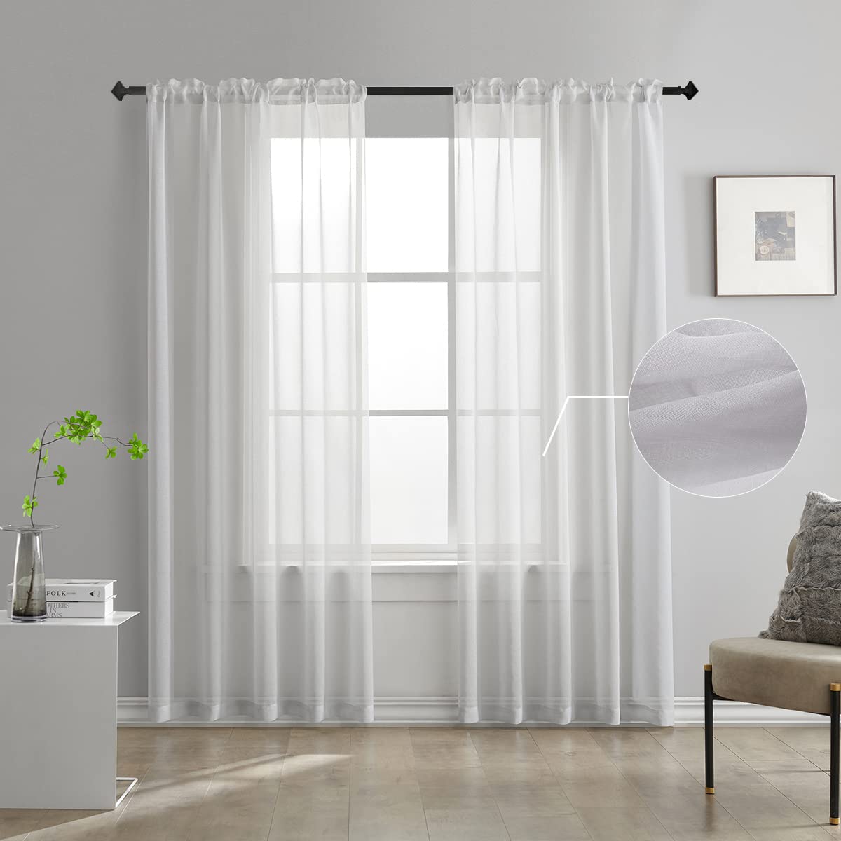 Sheer Curtains 84 Inch Length - 2 Panels Semi-Transparent Window Drapes for Living Room & Bedroom - Faux Linen Silver Grey Curtains (52x84 Inches) - Light Filtering & Privacy for Home Decor