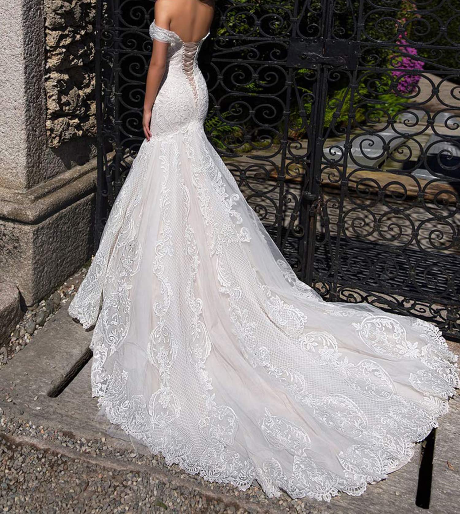 Fenghauvip Mermaid Wedding Dress | Off-The-Shoulder Bridal Gown with Lace-Up Back & Long Train | Perfect for Beach Weddings, Vow Renewals & Romantic Photoshoots