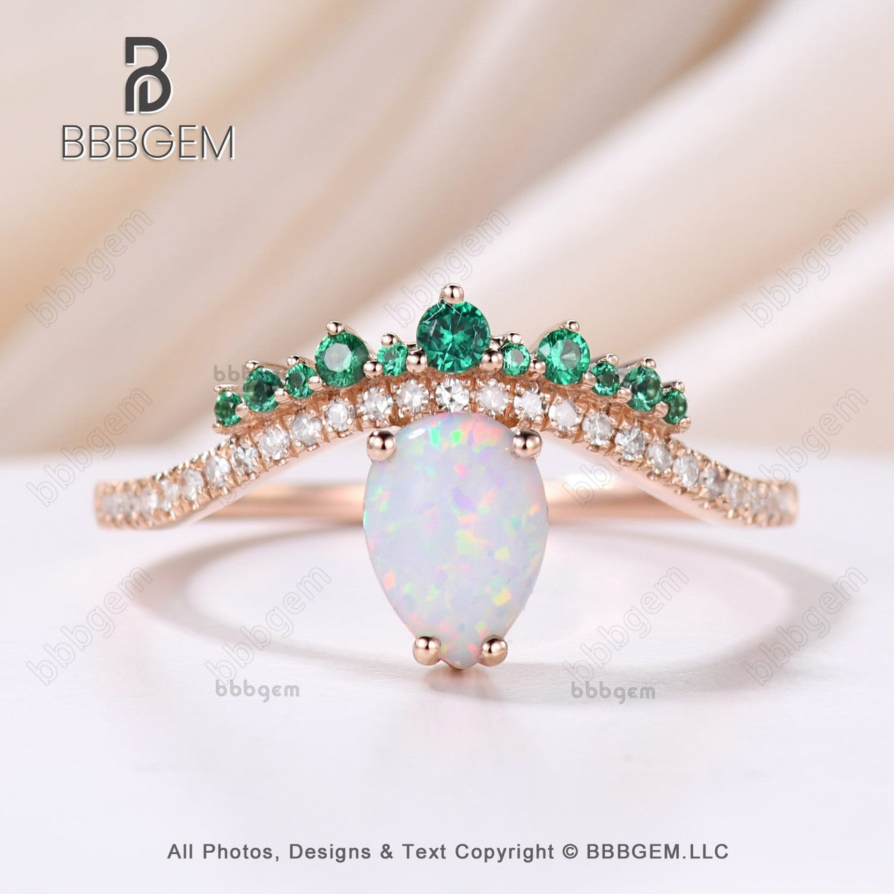 Vintage Opal Emerald Engagement Ring - October Birthstone Art Deco Rose Gold Diamond Wedding Band for Women - Perfect for Proposals, Anniversaries & Special Occasions
