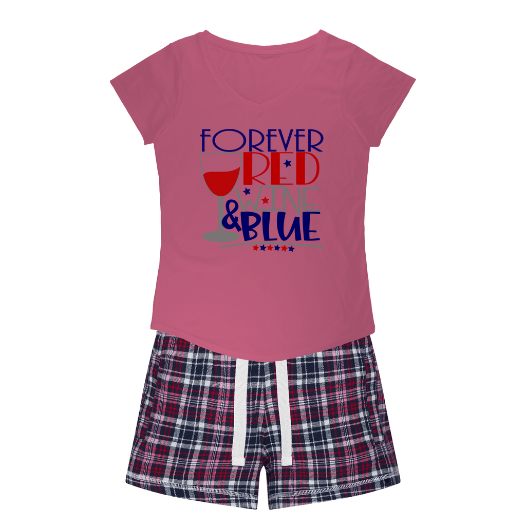 Forever Red Wine Blue Girls Sleepy Tee and Flannel Short Set - Comfortable Women's Lounge Pajamas for Sleepovers & Relaxing at Home