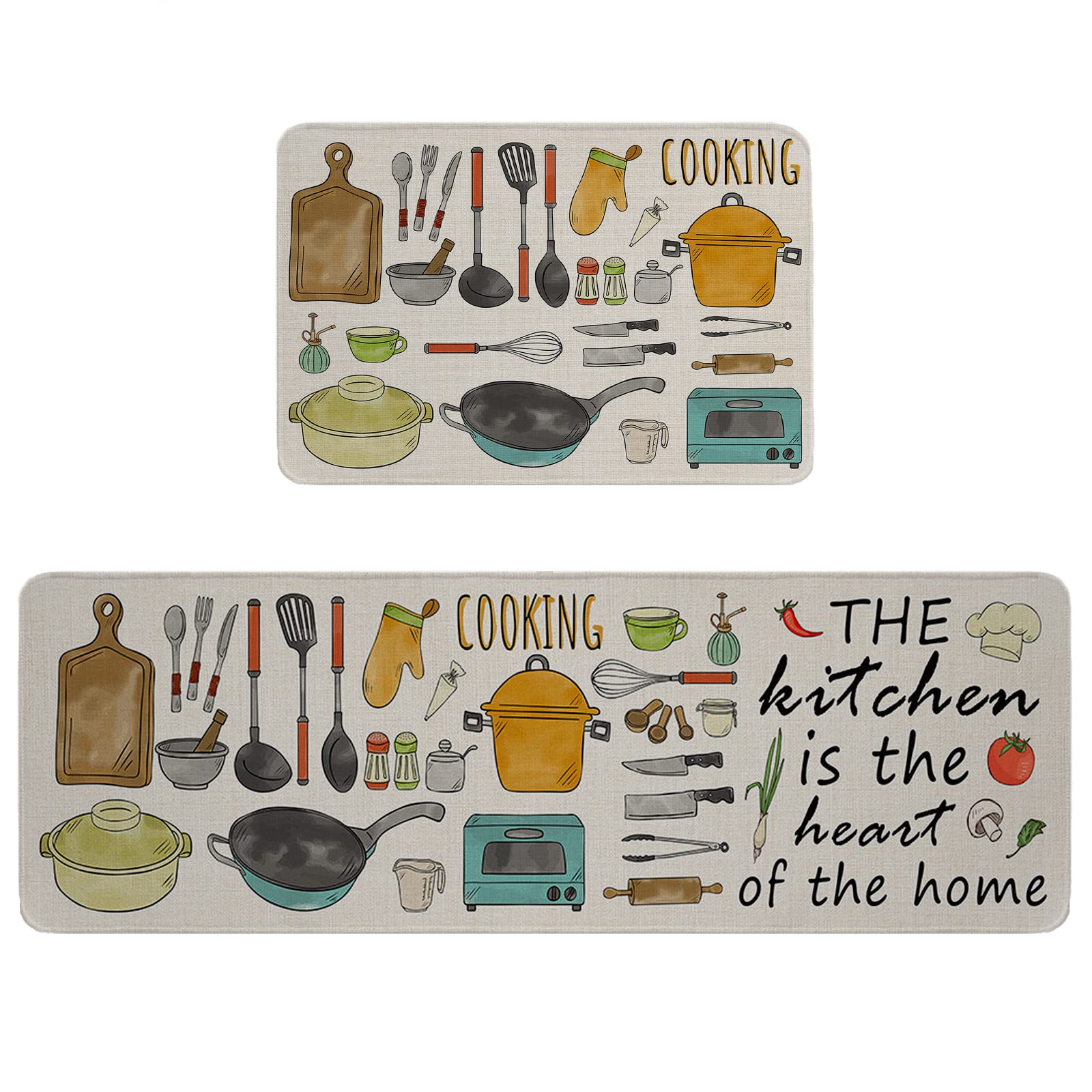 **2-Piece Non-Slip Kitchen Standing Mats Set - Soft Comfort Floor Rugs for Cooking & Decor - Rustic Farmhouse Linen Texture - Perfect for Home, Bath & Entryway**