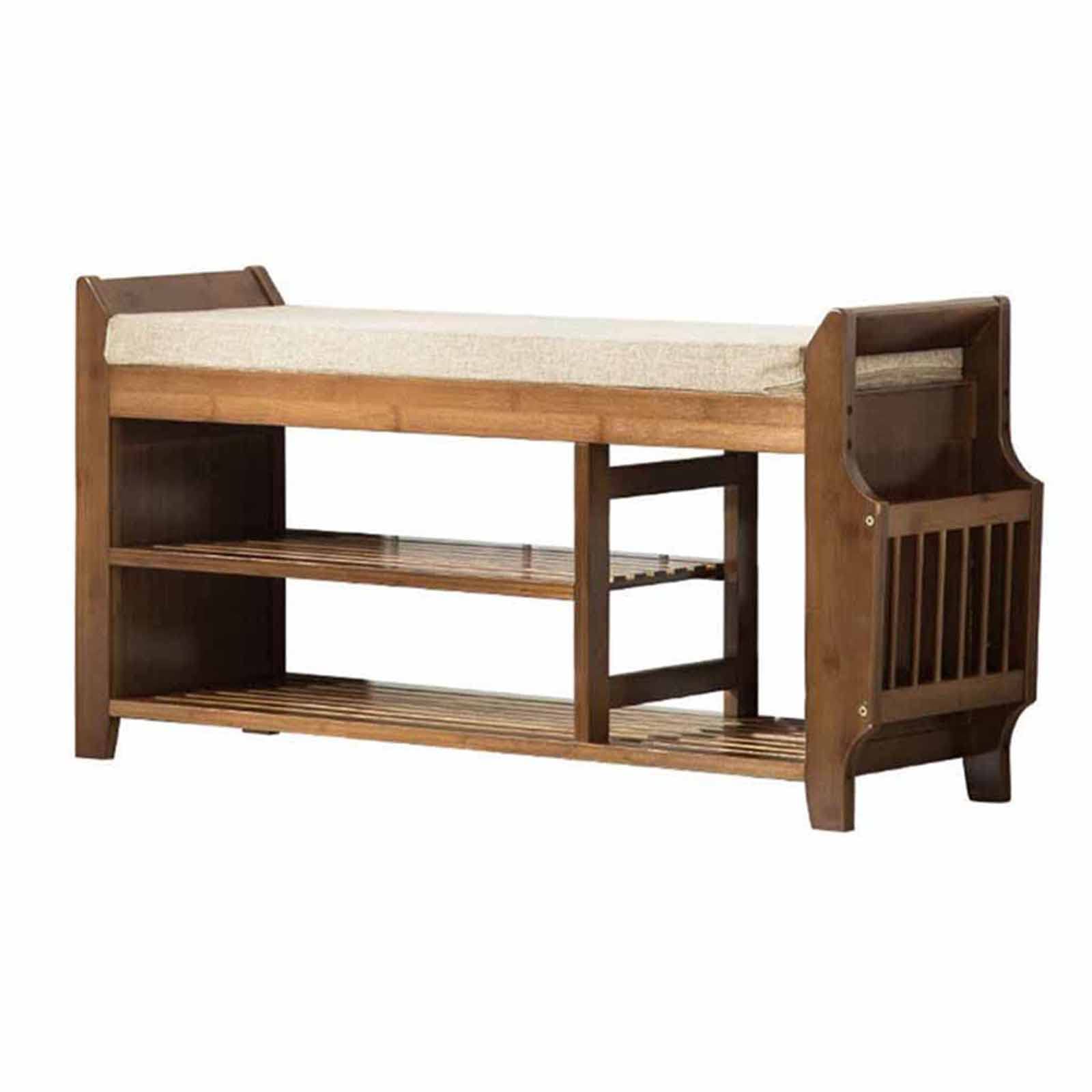 2-Tier Bamboo Shoe Bench with Umbrella Stand & Hidden Drawer - Entryway Shoe Organizer with Removable Cushion - Multi-Functional Storage Stool for Bedroom, Living Room, Bathroom & Entryway - Space Saving Home Organization Solution