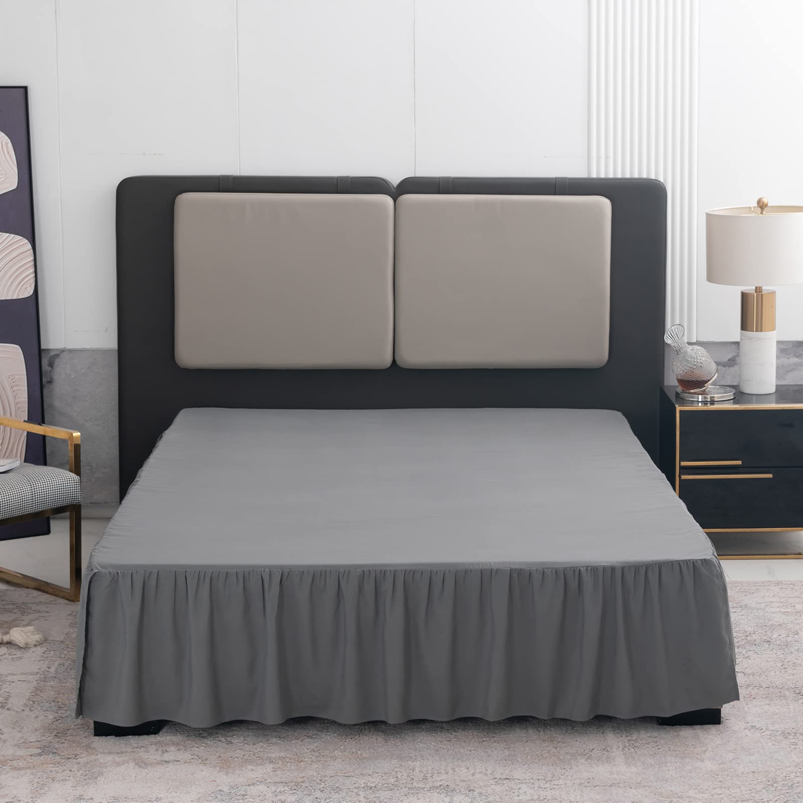 King Size Grey Ruffled Bed Skirt with Split Corners - 14 Inch Drop Luxury Bedding for King Beds | Perfect for Master Bedrooms & Guest Room Decor