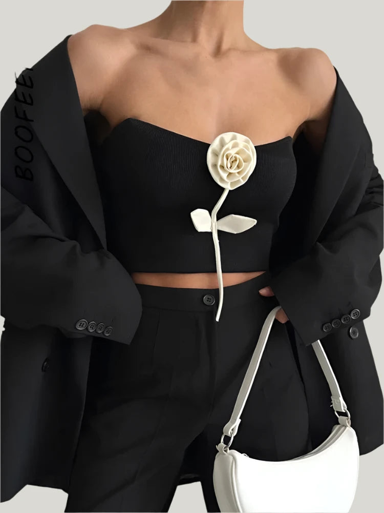 Y2K Black Ribbed Strapless Backless Crop Top with 3D Floral Applique - Summer Fashion for Women | Perfect for Music Festivals, Beach Outings & Night Parties