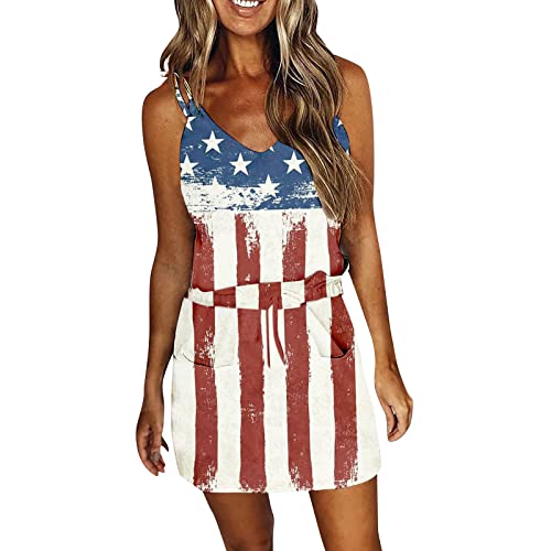 Women's Summer Midi Dress - 4th of July Patriotic Striped Spaghetti Strap Beach Dress with Pockets | Casual Sleeveless Tank Dress for Independence Day, Vacations & Outdoor Parties (Blue, Size S)