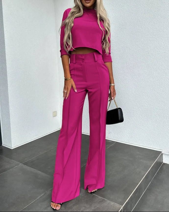 2024 New Fashion Women's Elegant High Neck Short Sleeve Top with Pocket & Micro Flare Pants Set - Casual Summer Outfits for Work, Dating and Vacation