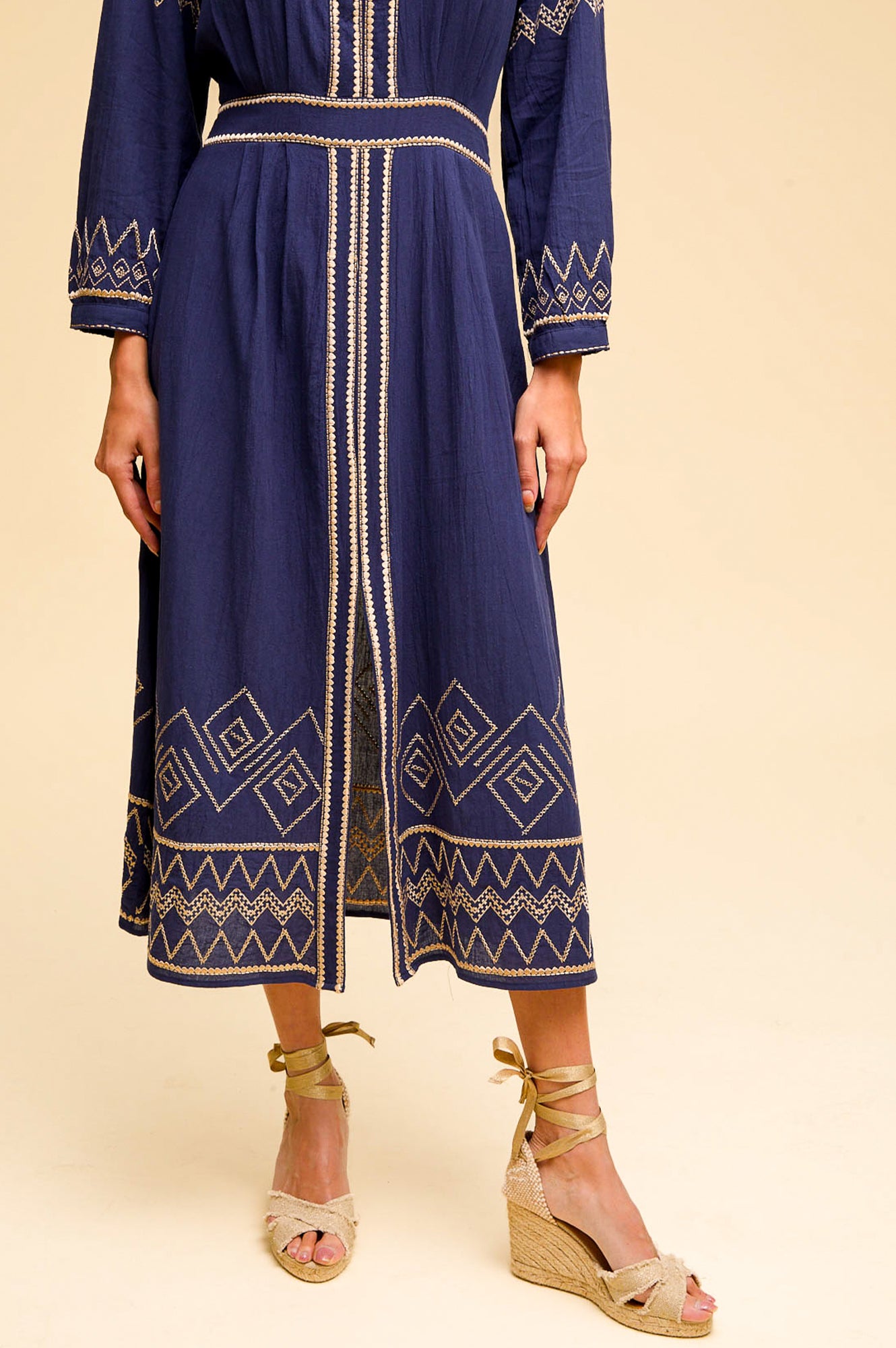 Jamila Embroidered Dress for Women - Navy Blue & Gold Floral Maxi Dress | Elegant Boho Chic Dress for Weddings, Parties & Special Occasions