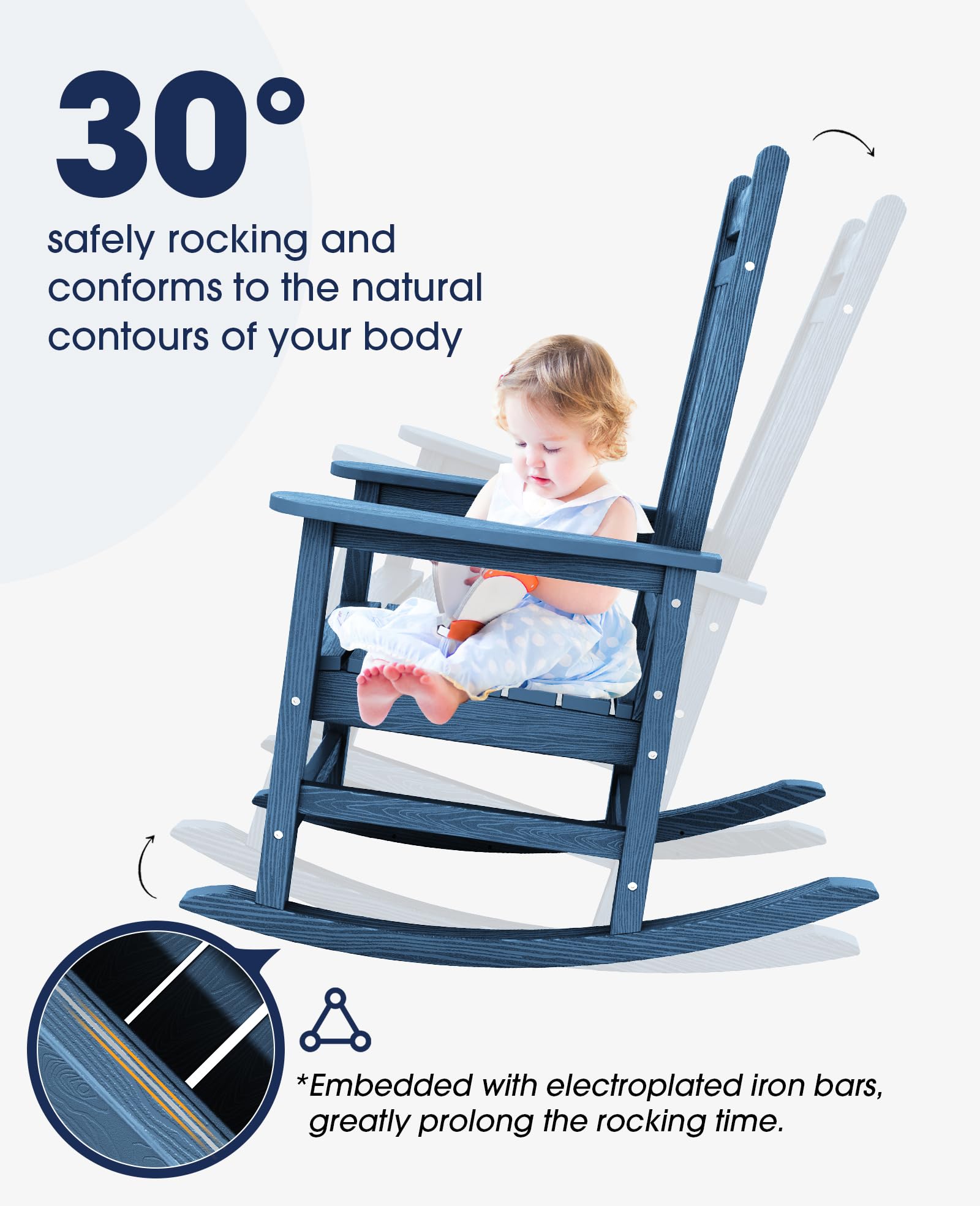 KINGYES Outdoor Patio Rocking Chair - Comfortable Blue Wooden Rocker for Garden, Porch & Backyard Relaxation | Perfect for Lounging, Reading & Enjoying Nature