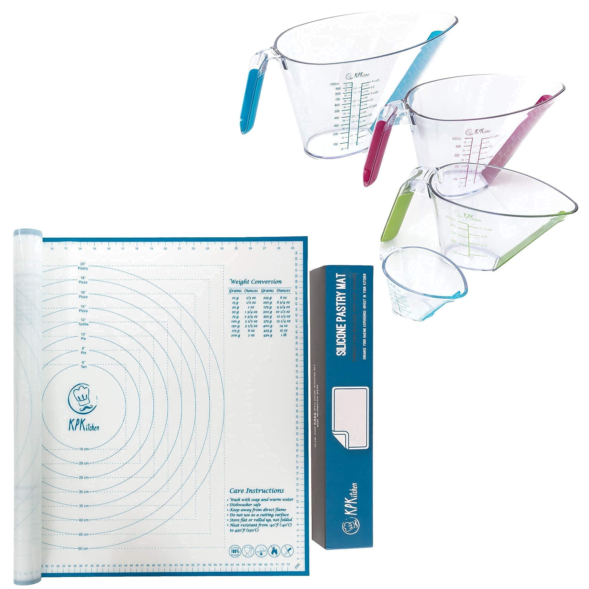 KPKitchen Non-Slip Silicone Baking Mat with 4-Piece Measuring Cups Set - Extra Large Dough Rolling Mat (18