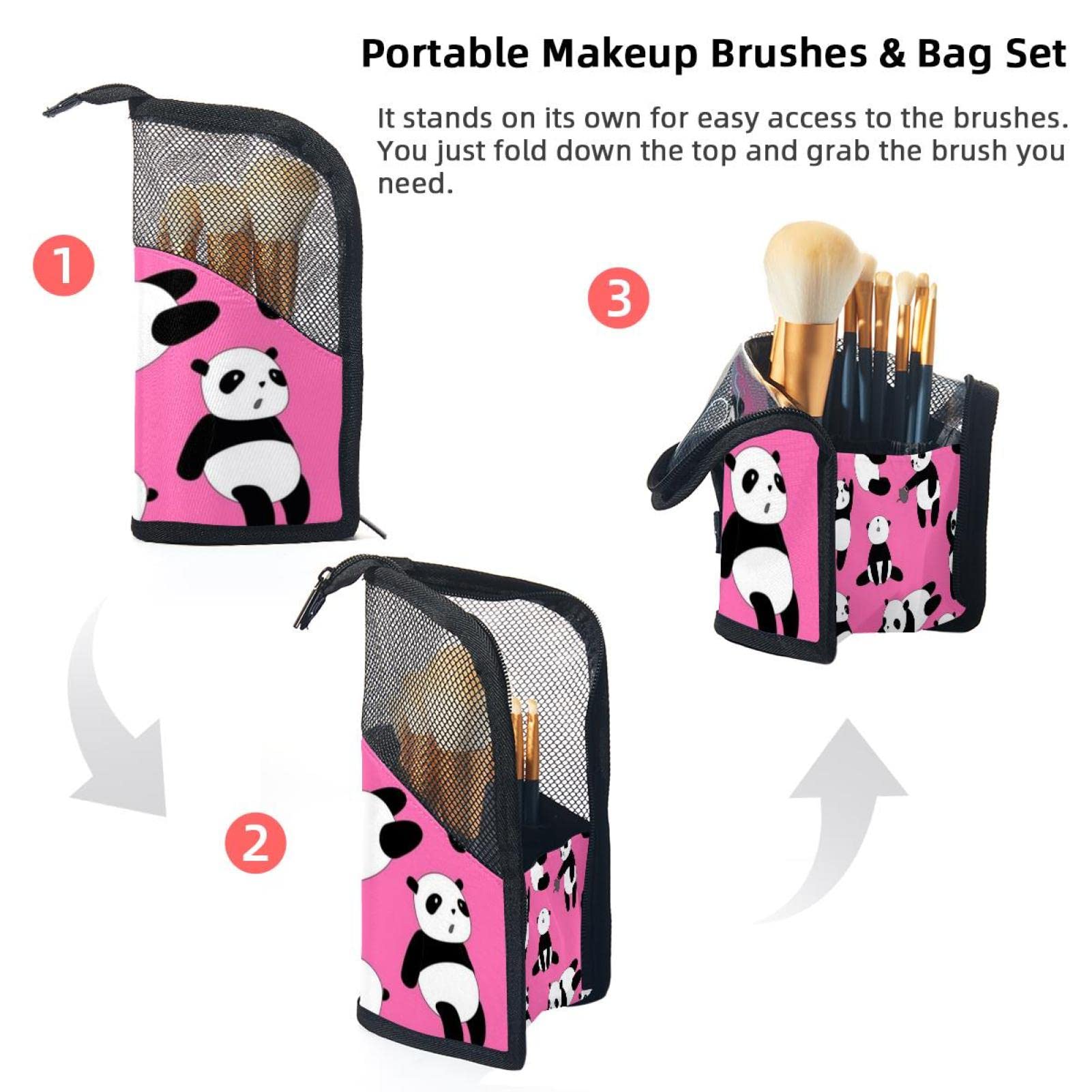 12-Piece Makeup Brush Organizer Bag with Happy Pink Panda Design - Portable Makeup Brush Holder Case for Travel & Home Storage