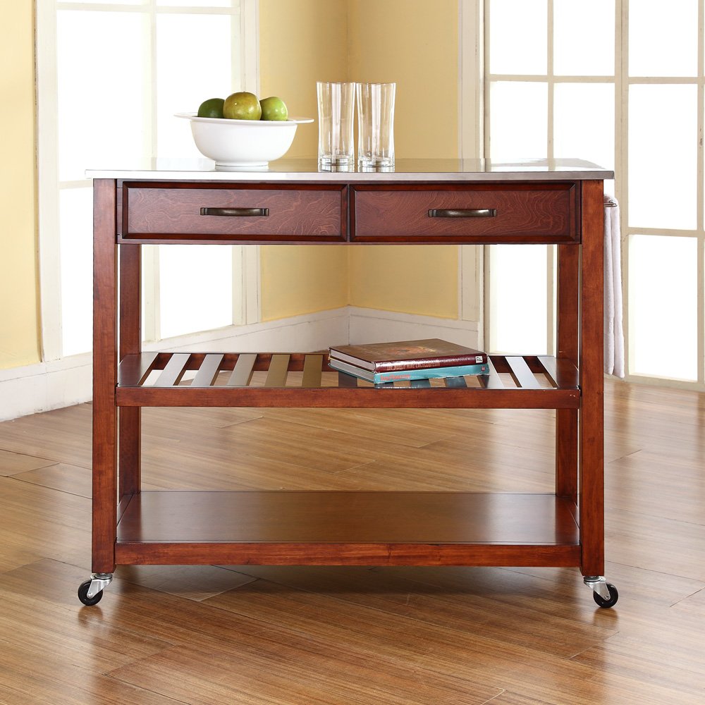 Crosley Stainless Steel Kitchen Cart with Shelves - Microwave Stand, Coffee Bar, Prep Station - Compact Rolling Utility Cart for Small Spaces, Apartments & Dorm Rooms