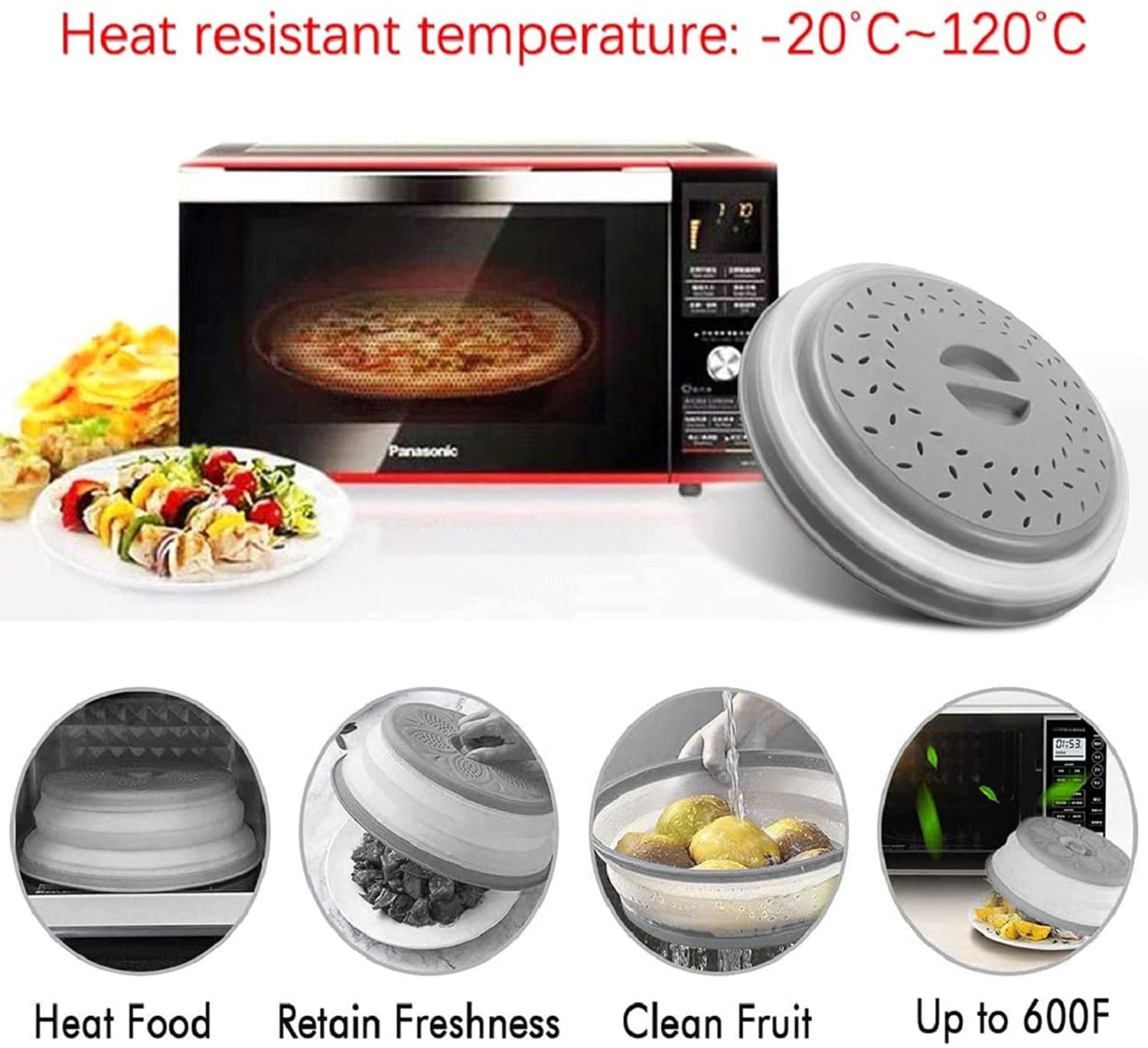 10.5 Inch Round Microwave Plate Cover with Steam Vents - Collapsible Splatter Proof Food Cover with Easy Grip Handle, Dishwasher Safe BPA-Free Silicone & Plastic by Polerce (Gray) - Perfect for Reheating Meals, Preventing Messes & Keeping Food Fresh