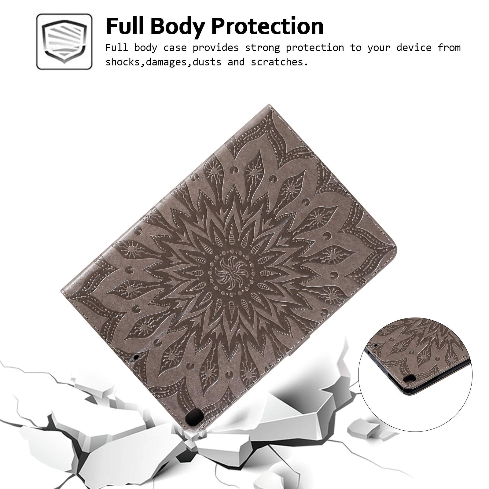 Techcircle Sunflower Embossed PU Leather Folio Case for iPad 9th/8th/7th Generation - Smart Stand Cover with Card Slots, Auto Wake/Sleep, Gray | Perfect for Work, School & Travel Protection