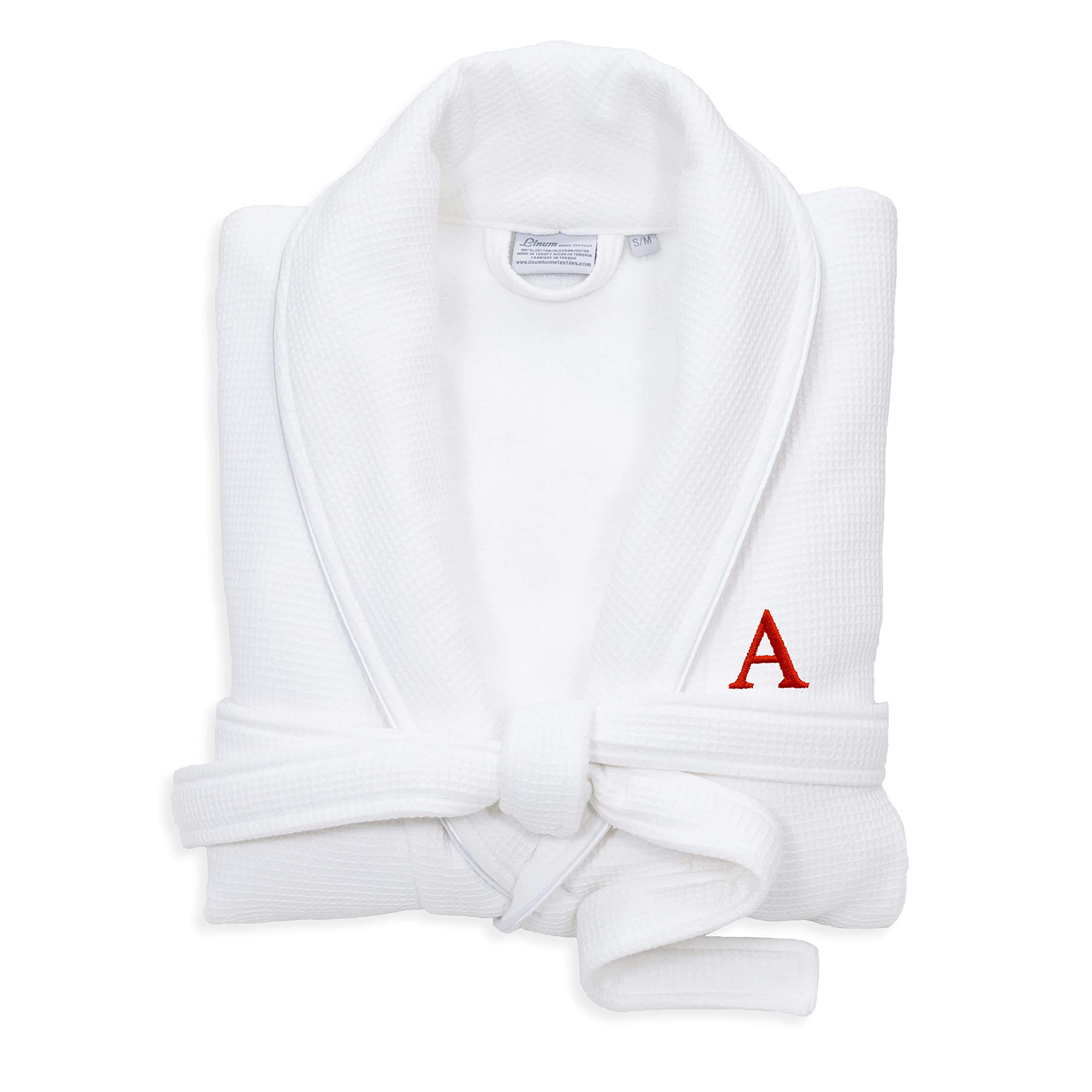 Premium White Unisex Turkish Cotton Waffle Weave Terry Bathrobe with Red Block Monogram - Soft & Absorbent (Sizes B, L-XL) - Perfect for Spa, Hotel, and Home Relaxation