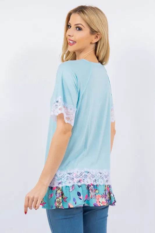 Celeste Plus Size Lace Trim Short Sleeve Blouse - Flowy Women's Tunic Top for Casual Wear & Summer Outfits