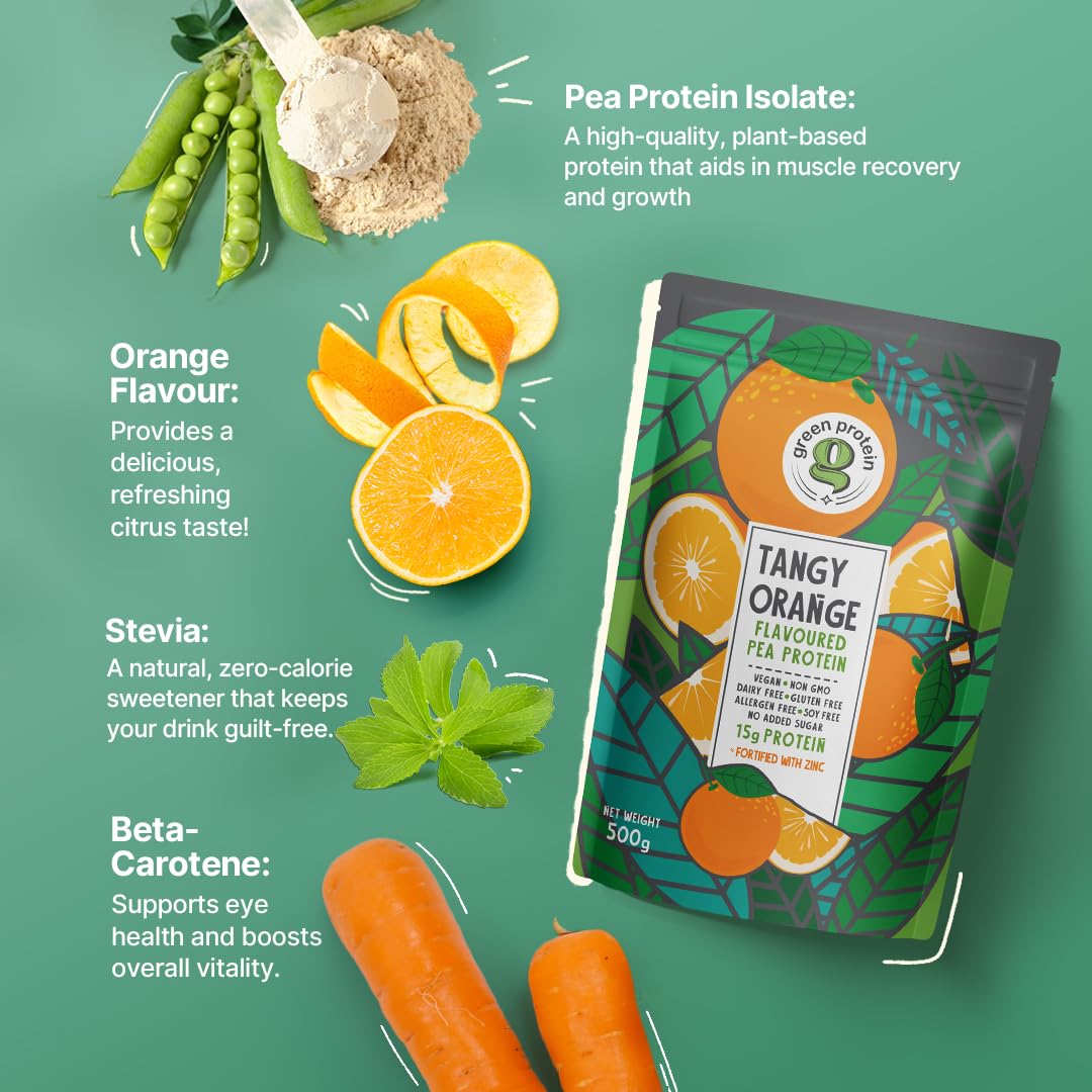 GREEN PROTEIN Pea Protein Isolate Powder - Vegan Plant-Based Protein Supplement, 15g Protein Per Serving, No Added Sugar, Soy Free, Dairy Free, Gluten Free, Allergen Free, Tangy Orange Flavor, 500g Pouch - Perfect for Post-Workout Recovery & Smoothies