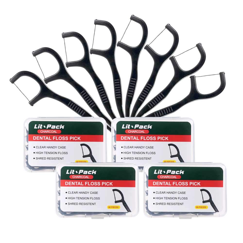 Eco-Friendly Charcoal Dental Floss Picks - 200 Count with 4 Travel Cases | Mint Flavored Teeth Cleaners for Fresh Breath | Perfect for Home, Office & Travel Oral Care