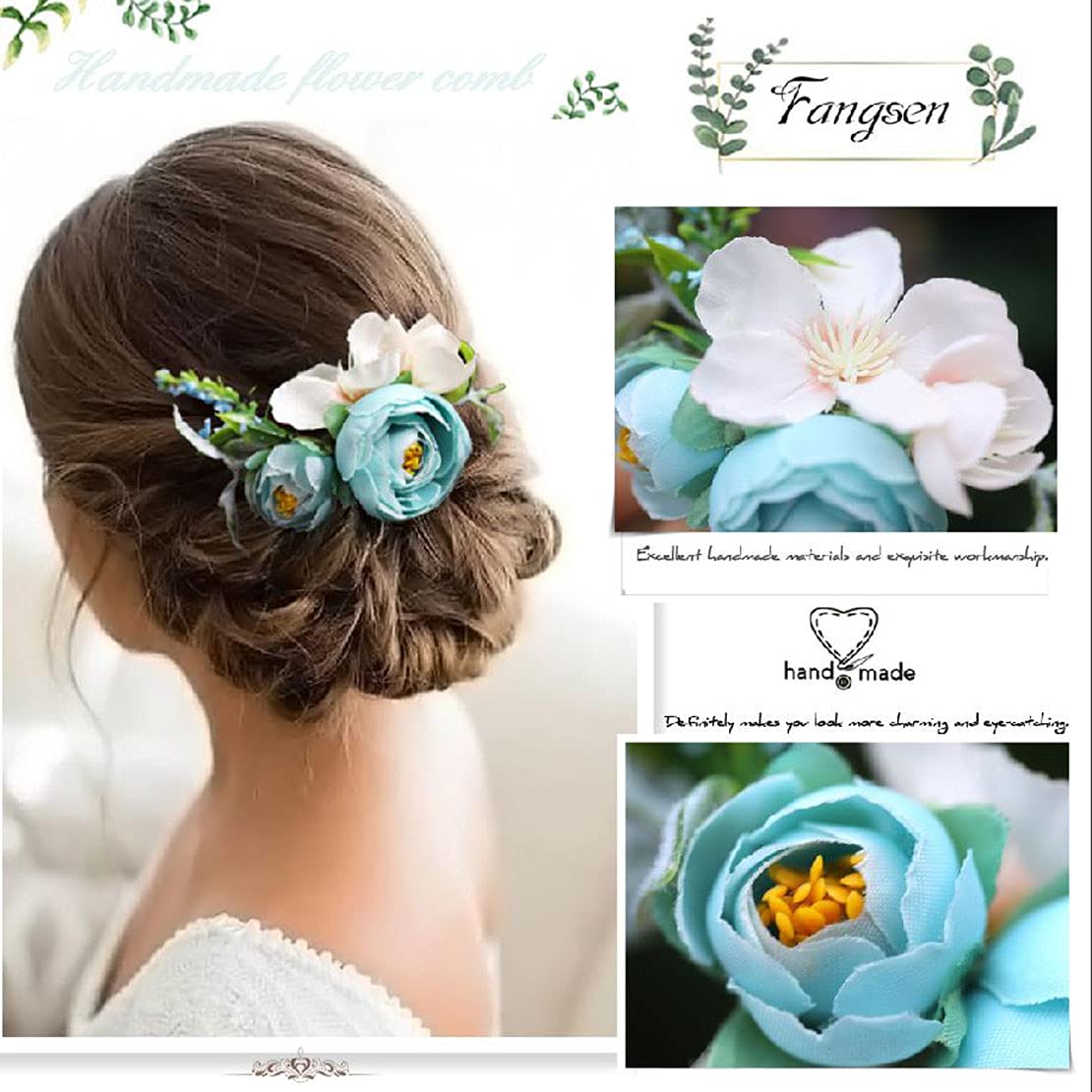 Fangsen Silver Rose Wedding Hair Comb - Bridal Floral Hair Clip for Women & Girls (Blue) | Perfect for Weddings, Prom, Parties & Special Occasions