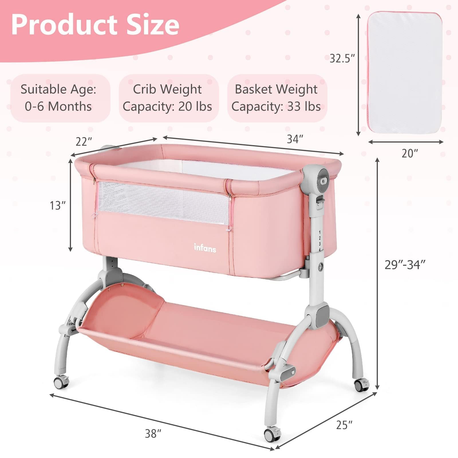 INFANS 3-in-1 Baby Bassinet & Bedside Sleeper with Adjustable Height - Portable Rocking Cradle for Newborns, Includes Wheels, Storage Basket & Travel Bag - Perfect for Nursery, Bedroom & Travel (Coral)