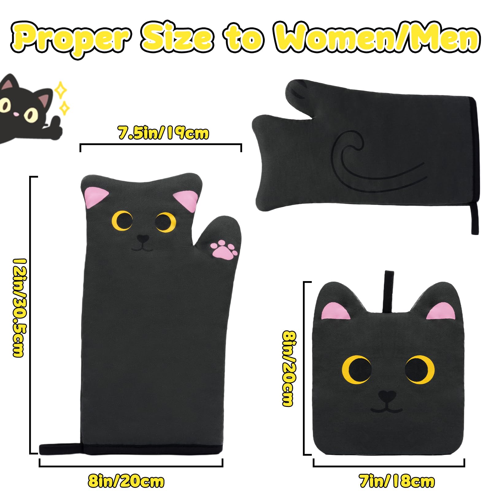 Heat Resistant Oven Mitts and Pot Holders Set - Cute Cat Design Cooking Gloves with Quilted Cotton Lining for Baking, Grilling & Microwave Use - Perfect Kitchen Gift for Mom & Housewarming (Black) - Ideal for Holiday Cooking, BBQ Parties & Home Kitchen Safety