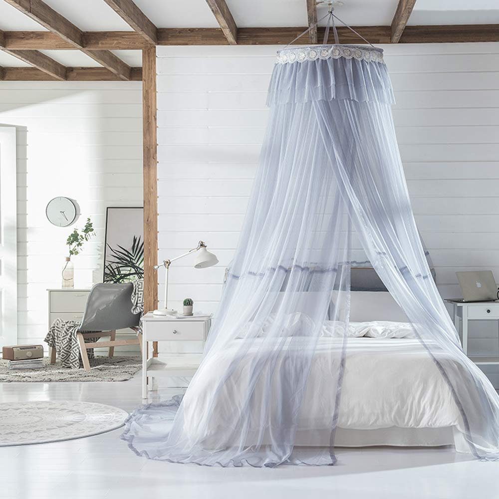 Elegant Mengersi Bed Canopy Curtains with Mosquito Net & Star Design for Girls, Boys & Adults - Perfect for Bedroom Decor, Gaming & Relaxation (Gray-Blue)
