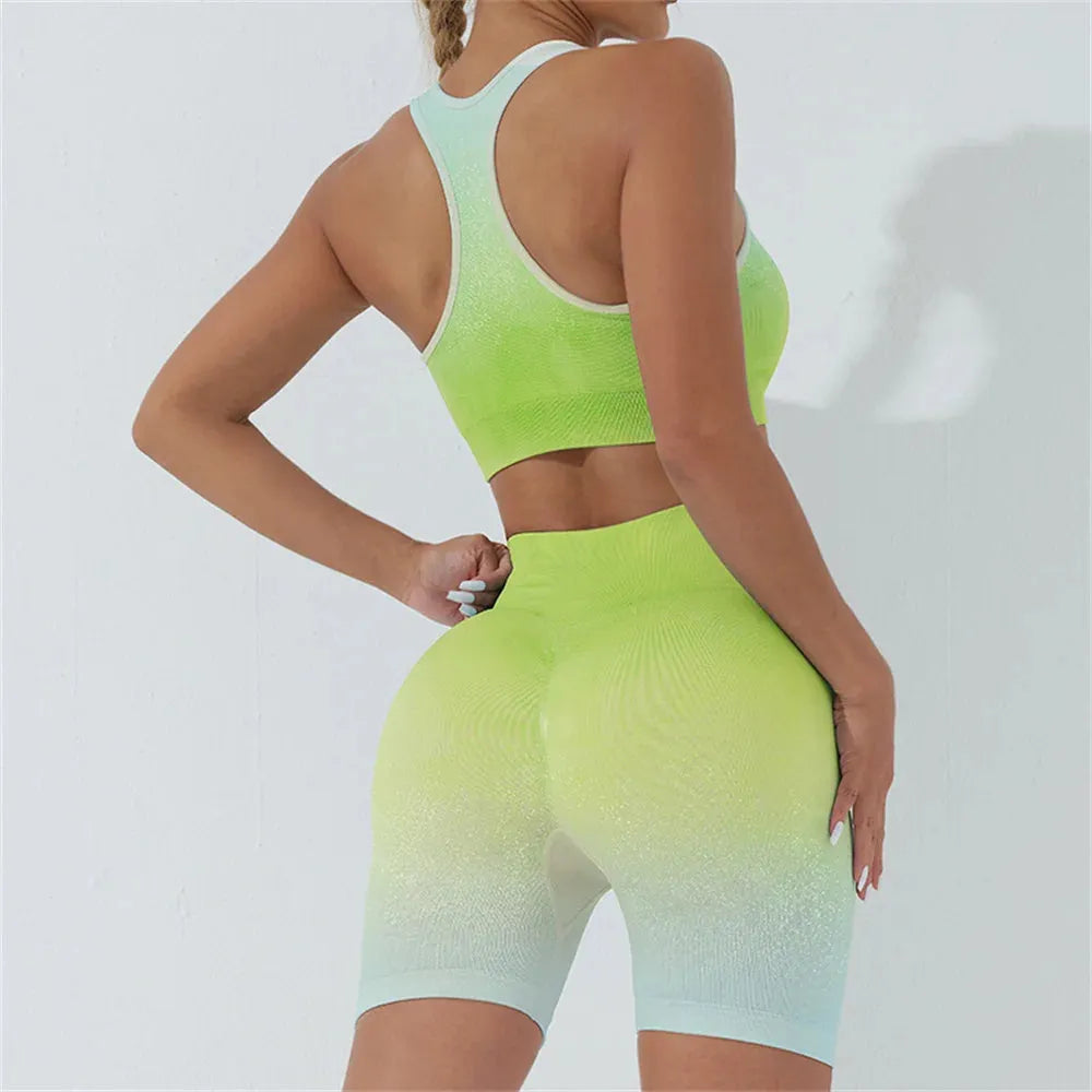 Seamless Women's Yoga Set - Workout Tracksuit Sportswear Gym Clothing with Long Sleeve Crop Top & High Waist Leggings - Gradient Fitness Outfit for Yoga, Pilates, Running & Gym Training