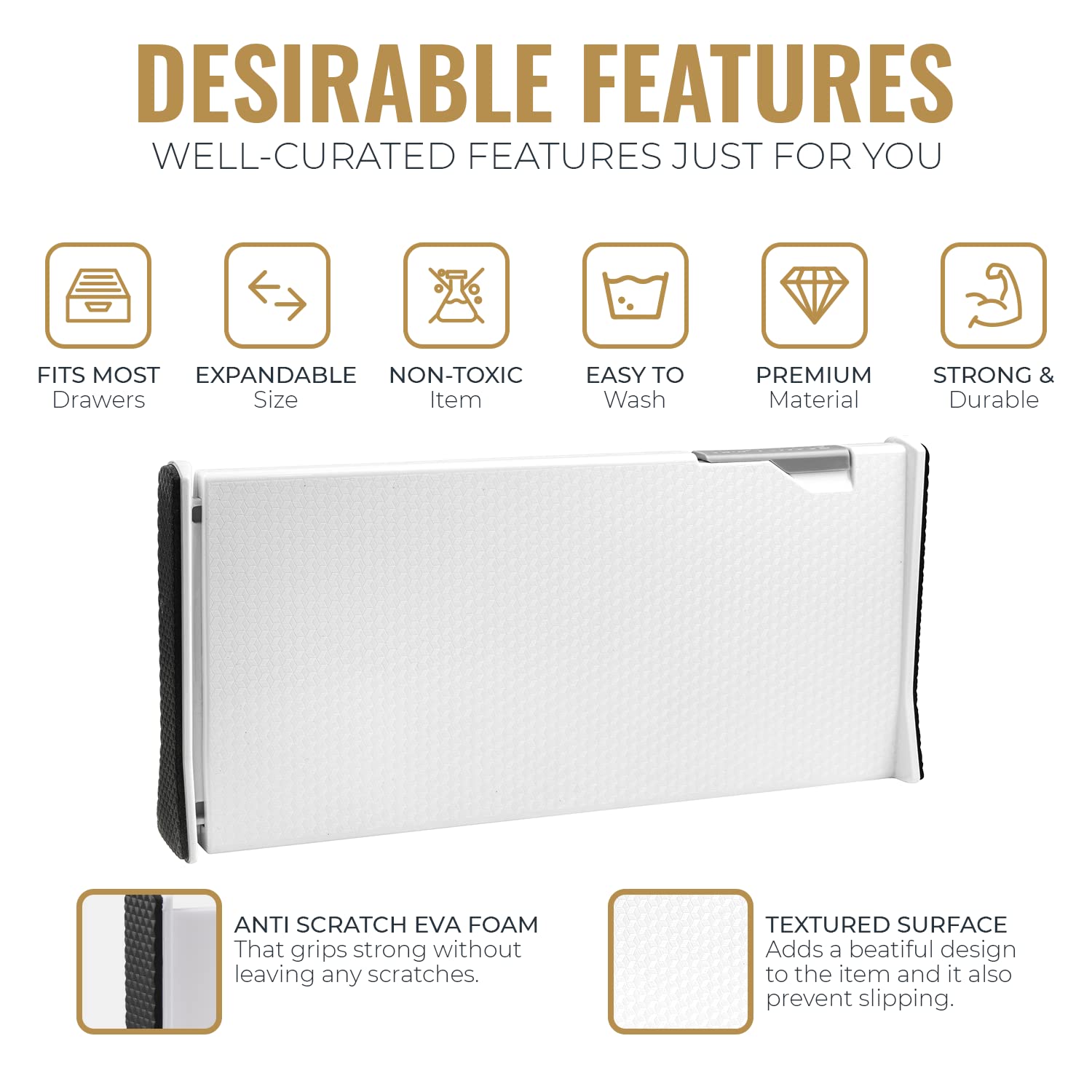 Adjustable Deep Drawer Organizer Divider - 6 Inch Tall, Expandable 13 to 22 Inches, 3-Pack Non-Slip Drawer Dividers for Clothes, Dresser, Kitchen & Office Storage - Perfect for Socks, Underwear, Utensils & Stationery (White)