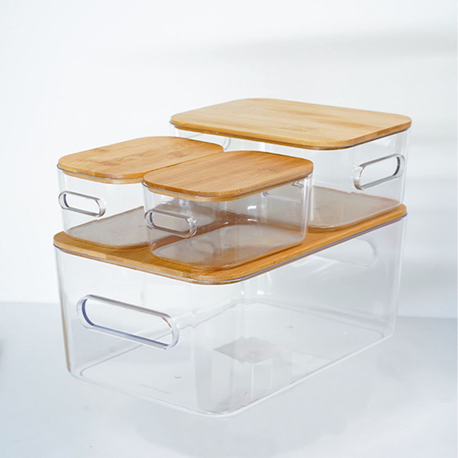 Clear Plastic Storage Organizer Bins with Bamboo Lids - 4 Pack (3 Sizes) for Home Office, Kitchen, Pantry & Craft Rooms | Space-Saving Storage Solution for Shelves, Cupboards & Medicine Cabinets
