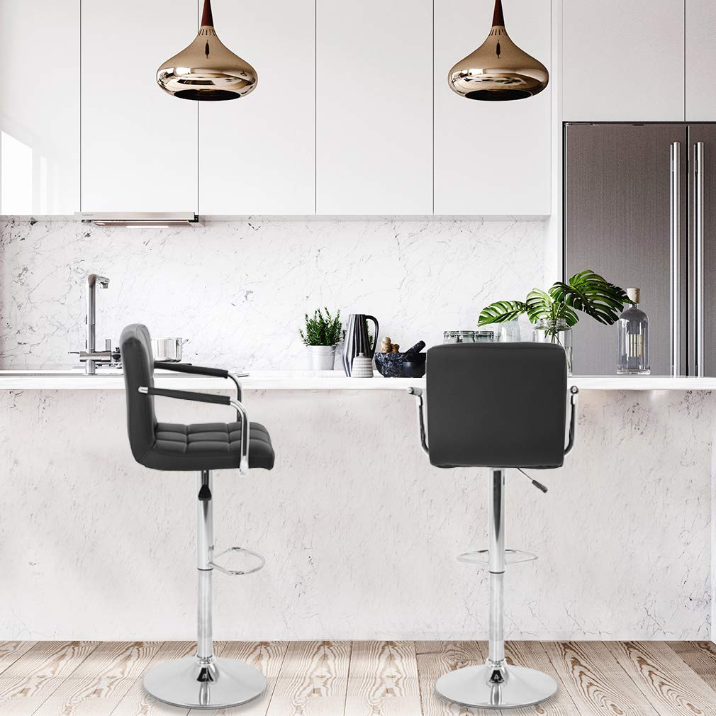 HHS Adjustable Swivel Bar Stool Set of 2 - PU Leather Counter Height Bar Chairs with Backrest & Arms, Metal Base for Kitchen Island, Dining Room, Bar Counter - Perfect for Entertaining, Breakfast Nooks & Home Decor (Black)