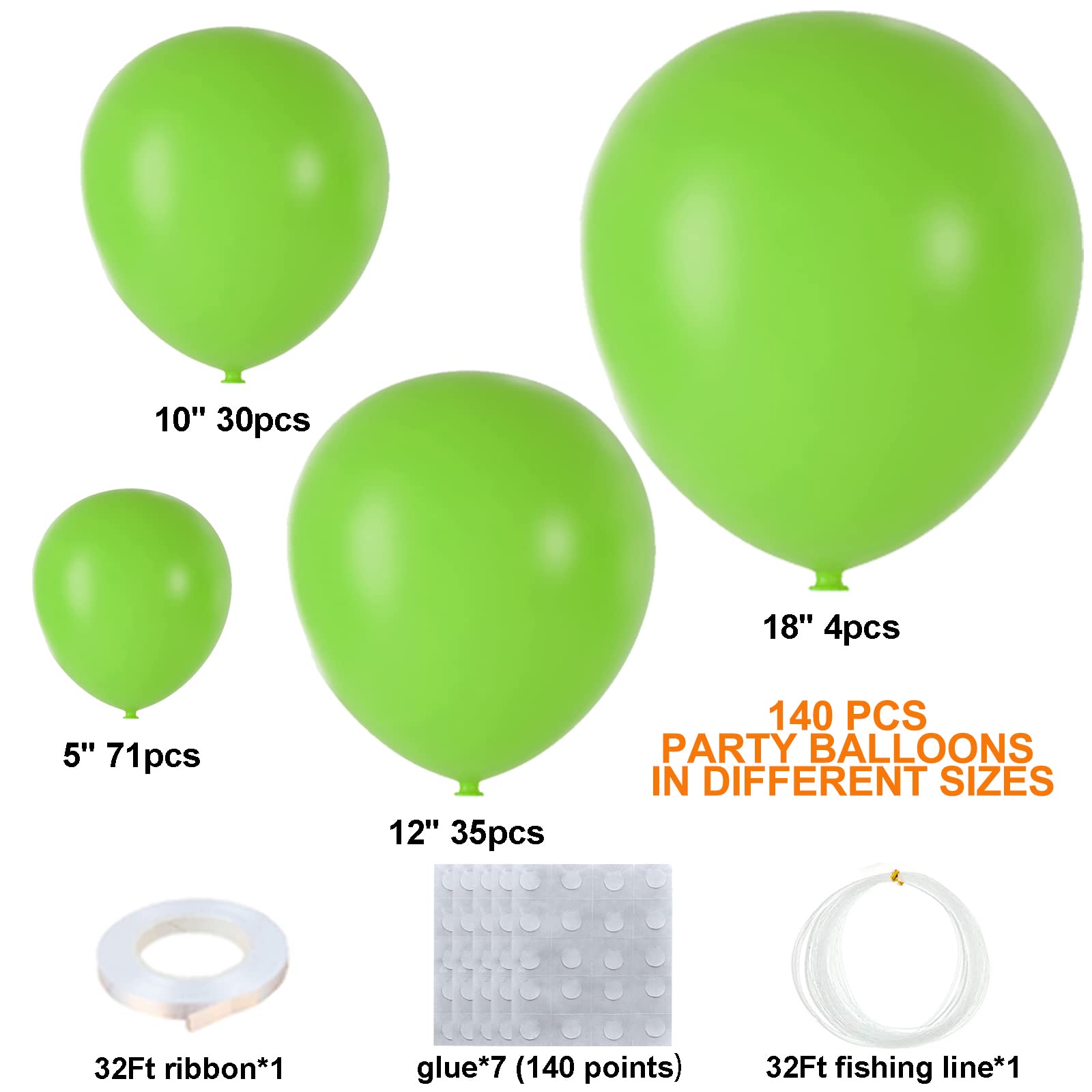 140Pcs Light Green Balloons Garland Arch Kit - 5/10/12/18 Inch Matte Latex Balloons for Baby Shower, Birthday Party, Jungle & Dinosaur Theme Decorations - Perfect for Indoor and Outdoor Celebrations
