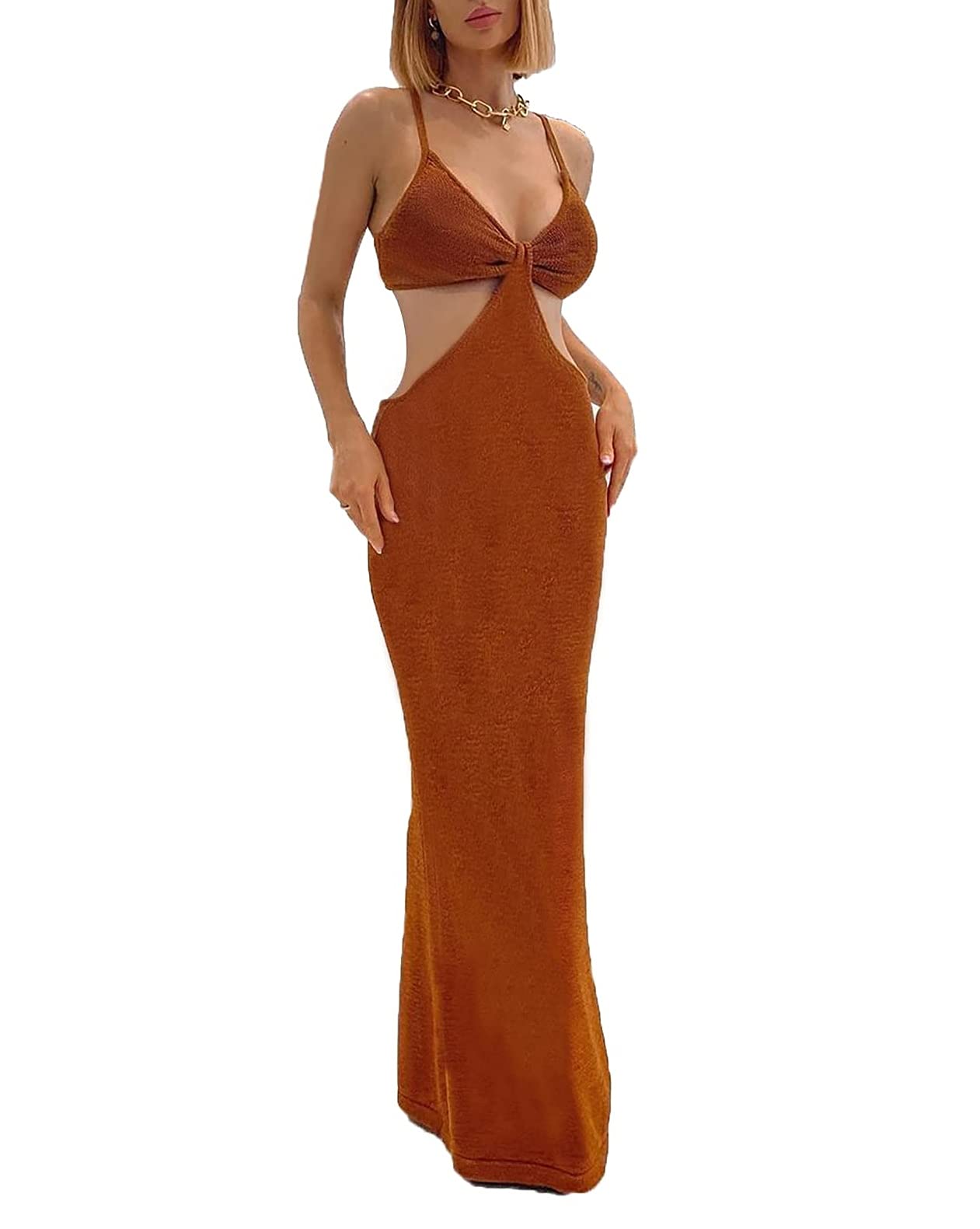 LouVasabuce Women's Sexy Hollow-Out Long Skirt Open Back Sleeveless Knitted Bodycon Dress - Y2K Streetwear Wrap Dress for Club, Party & Night Out