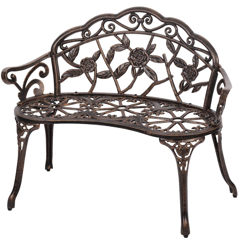 Sturdy Metal Outdoor Bench with Armrests - Elegant Floral Rose Accent Garden Bench for Patio, Porch, Park - Durable Bronze Finish for Indoor/Outdoor Use - Perfect for Relaxing in Gardens, Backyards, and Public Spaces