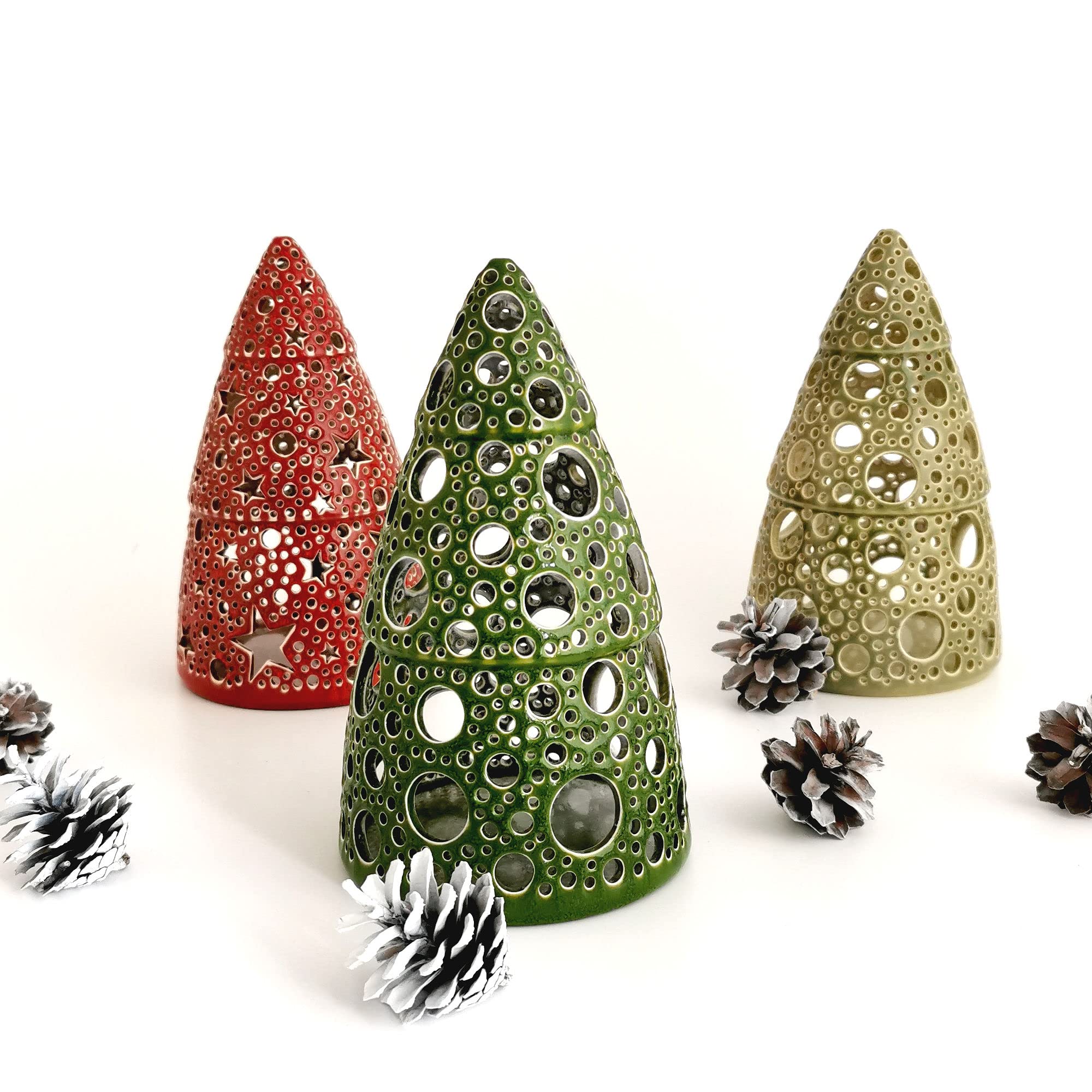 Handmade Red Christmas Tealight Holder - Ceramic Candle Lantern with Stars & Bubbles Design for Holiday Decor, Xmas Tabletop Centerpiece, Gift Idea (Perfect for Mantel Decor, Dinner Party Lighting, Winter Wedding Decorations)