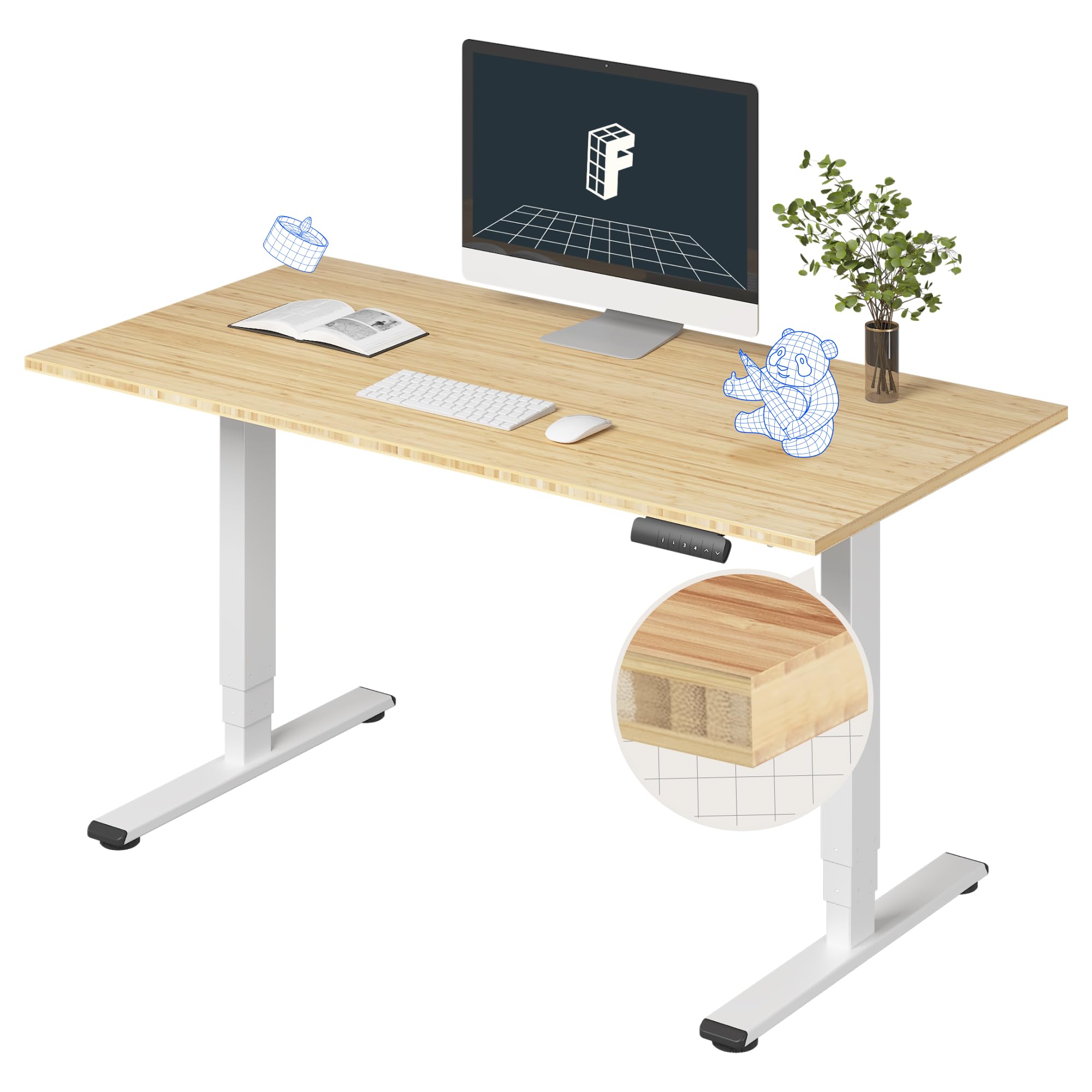 FlexiSpot EC5 Classic 3-Stage Dual Motor Electric Standing Desk - 55x28 Inch Bamboo Desktop, Height Adjustable Sit Stand Desk for Home & Office (White Frame) - Perfect for Work, Gaming & Study Spaces