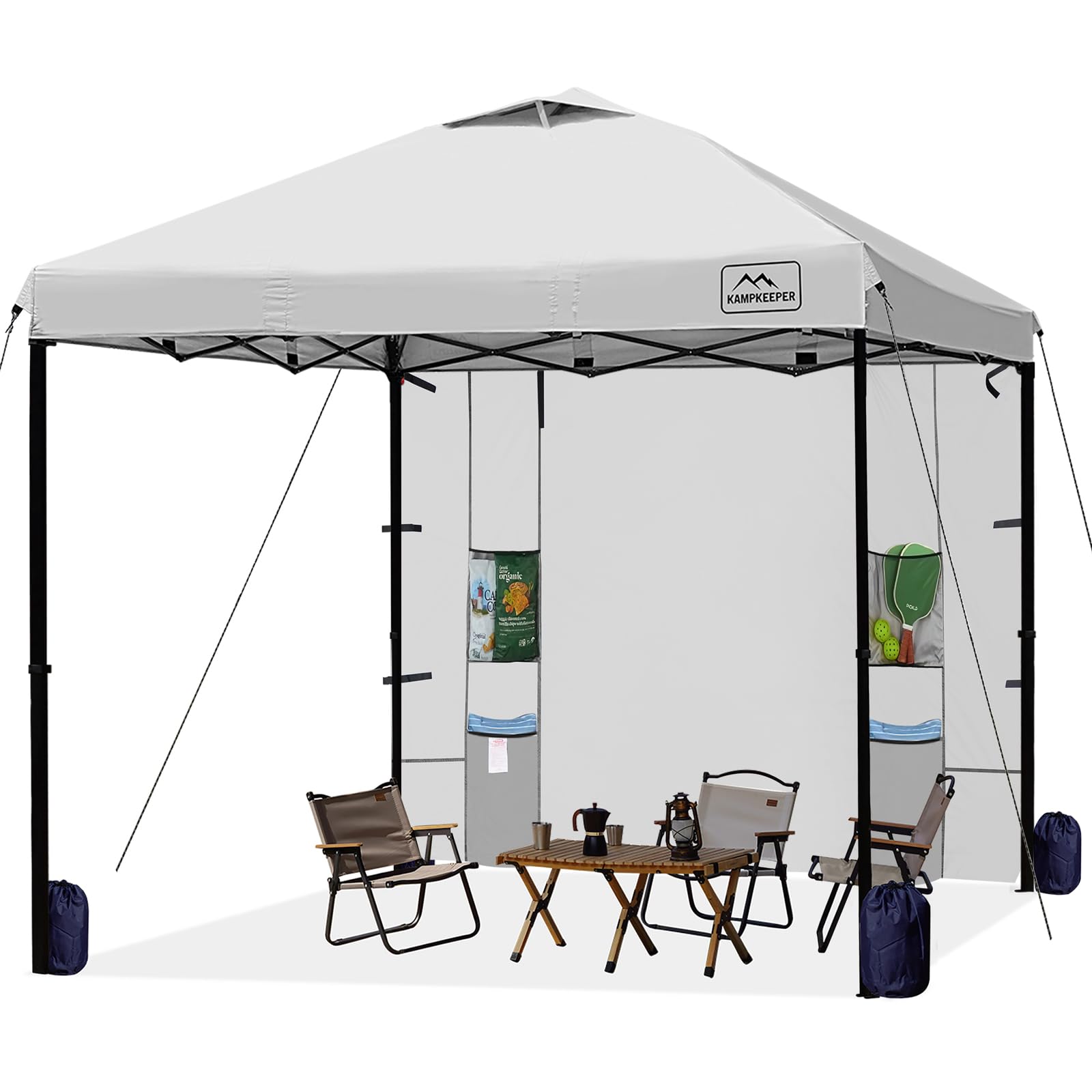 KAMPKEEPER 10x10 Pop Up Canopy Tent with Storage Pockets & Sidewalls - Easy Setup Sun Shelter with Vented Roof, UV & Rain Protection for Camping, Beach, Backyard, Picnics, Tailgating and Outdoor Events (White)