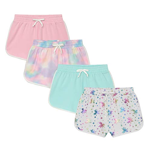 BTween Girls 4-Piece Active Performance Dolphin Shorts with Faux Drawstring - Breathable Quick-Dry Sports Running Shorts for Kids - Perfect for Gym, Yoga, Dance & Outdoor Play
