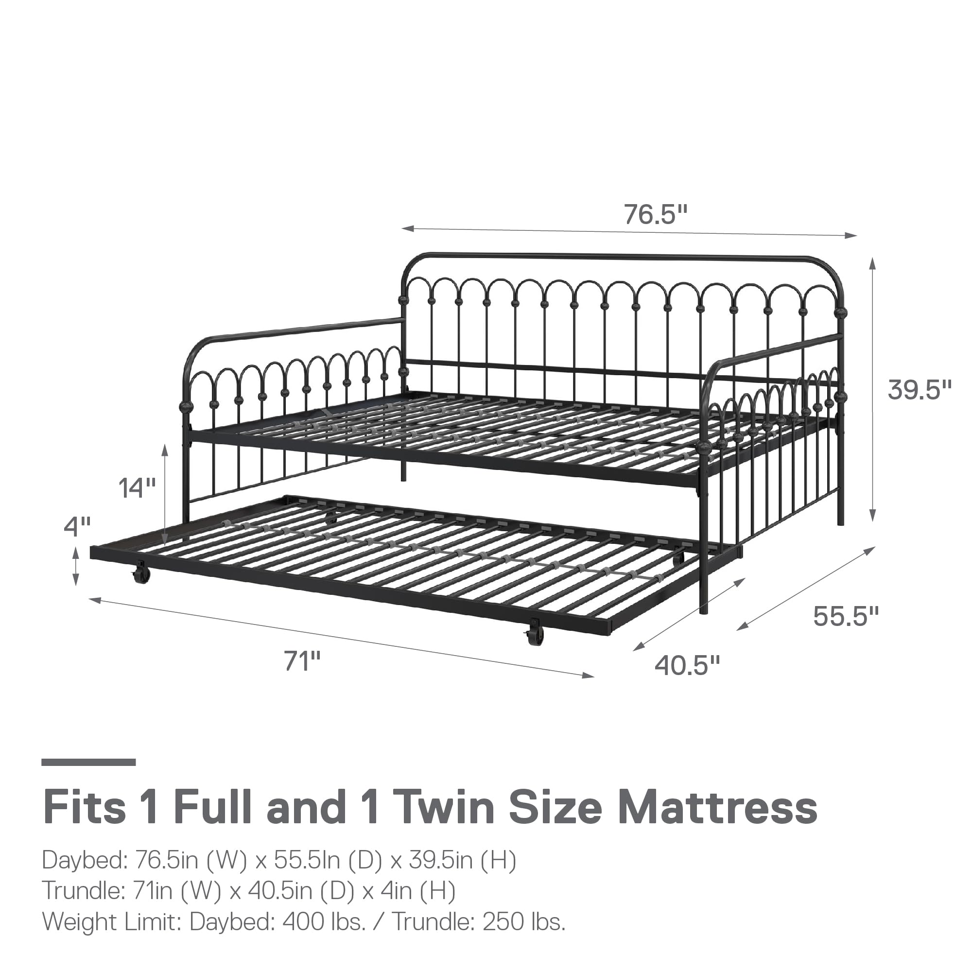 Novogratz Bright Pop Full Metal Daybed with Twin Trundle Bed - Modern Black Metal Frame Sleeper Sofa for Small Spaces, Guest Room & Dormitory
