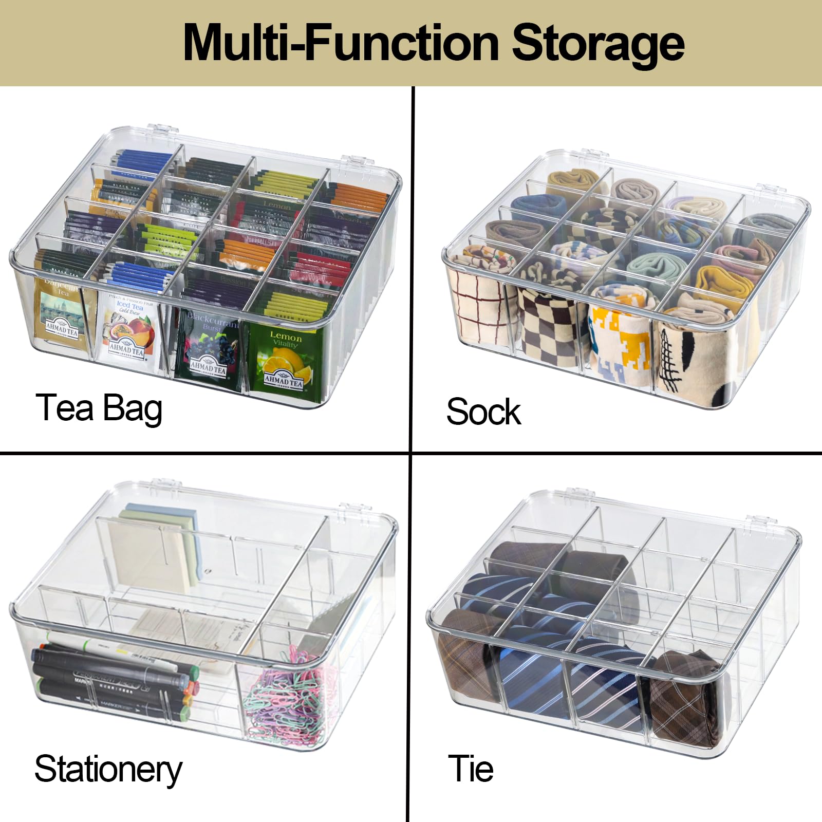 16-Compartment Plastic Drawer Organizer with Lid - Clear Storage Bin for Socks, Underwear, Bras, Scarves & Ties - Removable Dividers for Dresser Drawer Organization - Perfect for Bedroom, Closet & Travel Storage