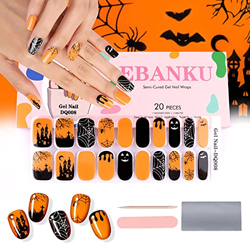 EBANKU Semi Cured Gel Nail Stickers - 20PCS Halloween Nail Art Kit with Spider Web & Bat Designs, Self-Adhesive Gel Polish Strips for DIY Nail Decoration | Perfect for Women & Girls' Halloween Party, Cosplay & Special Occasions