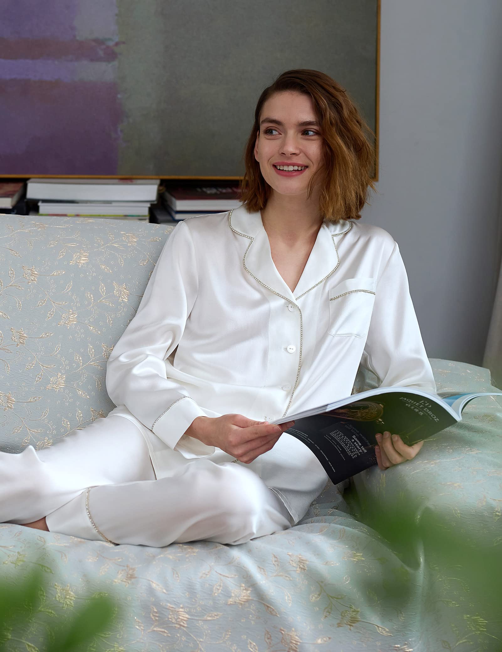 Luxury 100% Pure Silk Pajama Set for Women - Rhinestone Trim Long Sleeve Button Down Sleepwear & Loungewear | Perfect for Relaxing at Home, Spa Days & Romantic Getaways