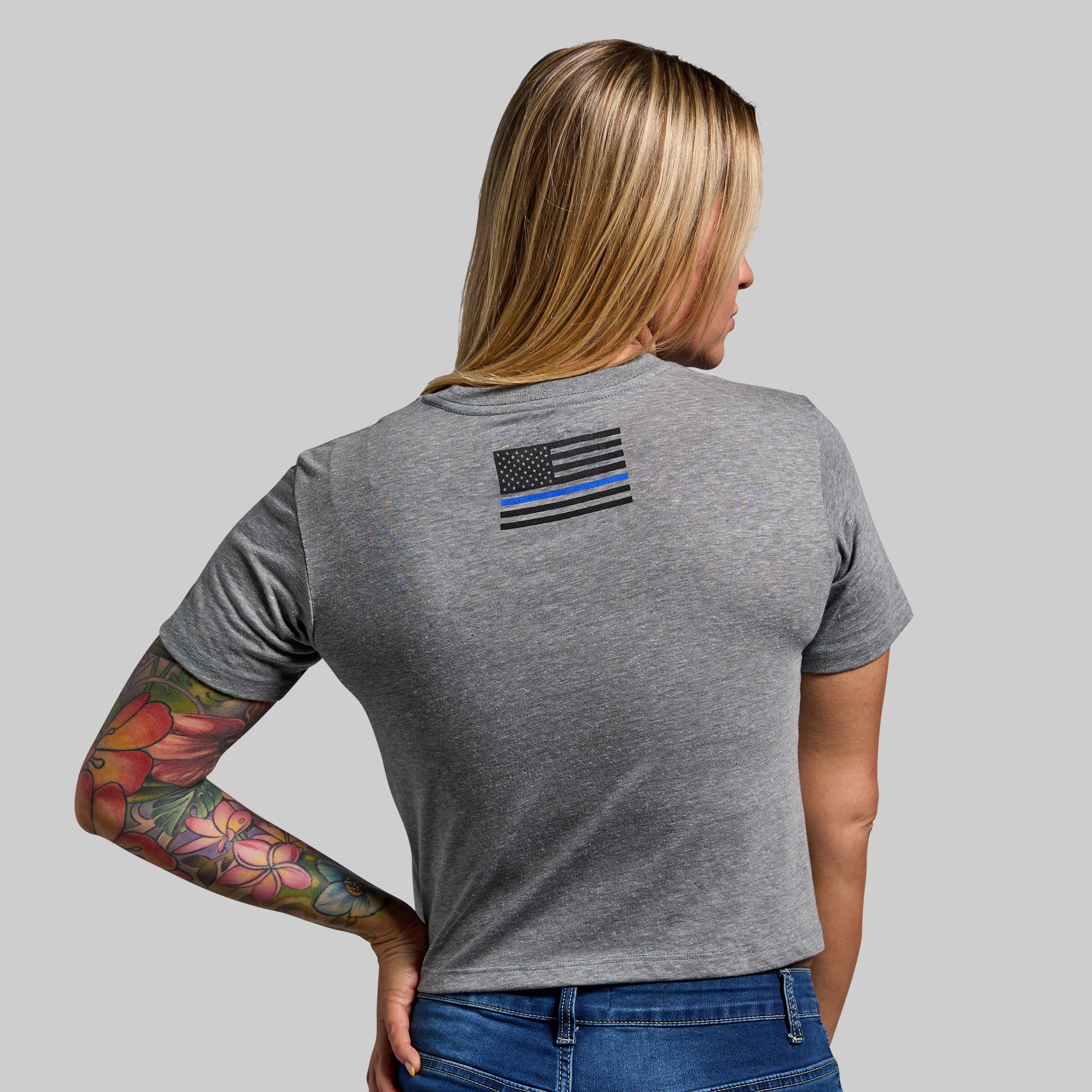 Brand Crop Tee - Thin Blue Line Support T-Shirt | Slim Fit Women's Short Sleeve Top | Perfect for Casual Wear, Workouts & Patriotic Events